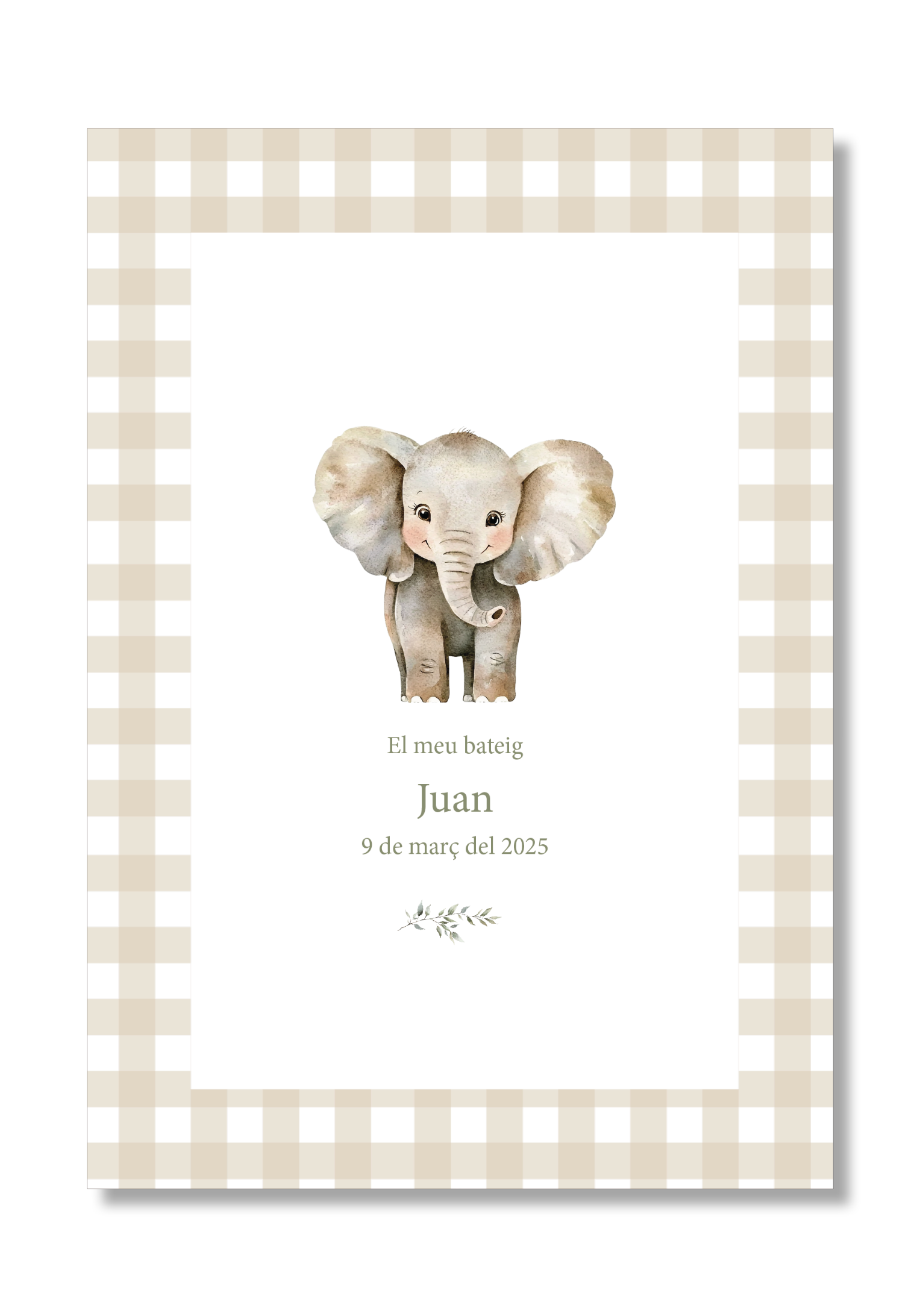 Lámina bautizo personalizable Bienvenida Vichy Animales.Tamaño A5.
