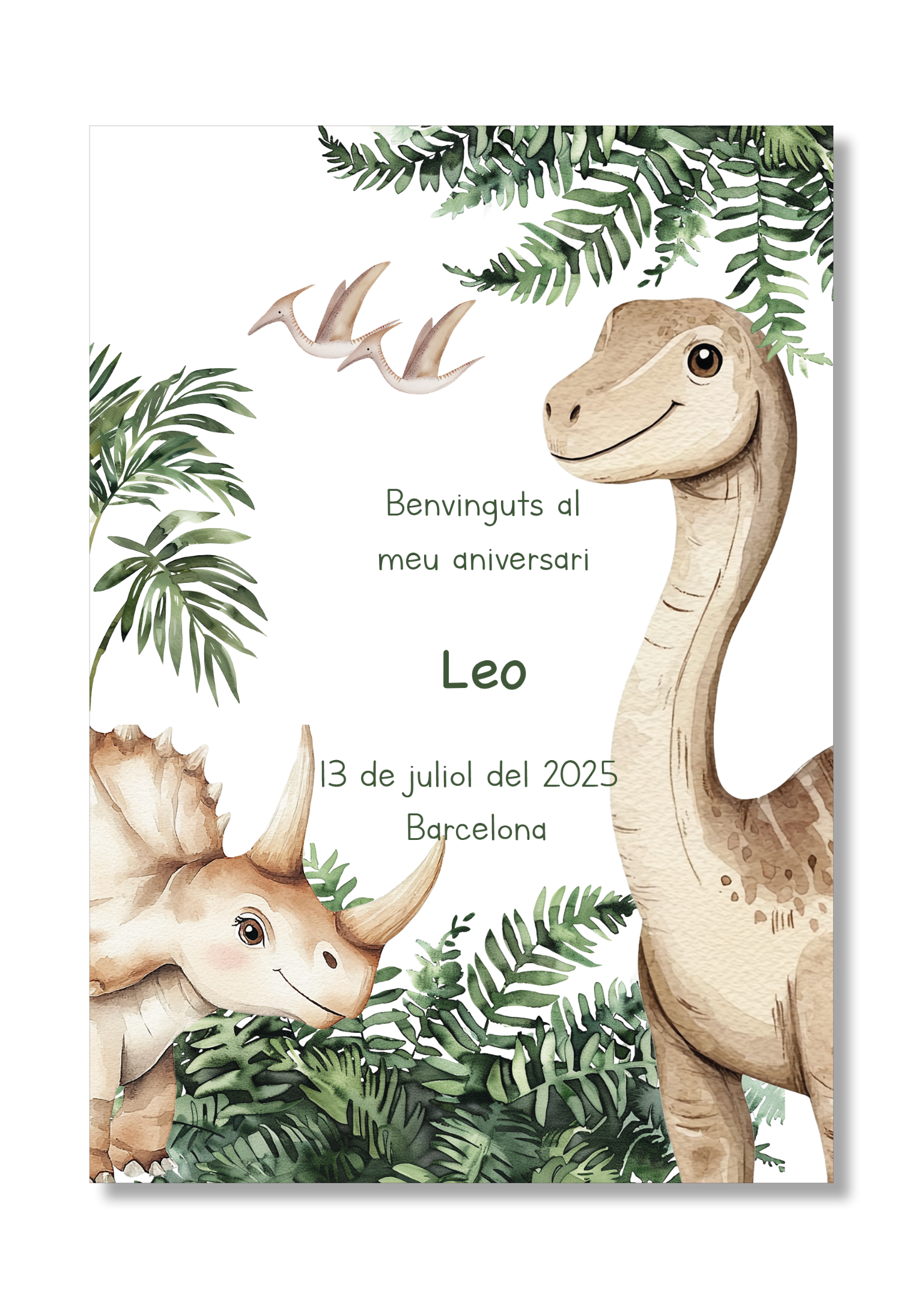 Lámina personalizable Bienvenida Cumpleaños con motivos de dinosaurios. Tamaño A5.