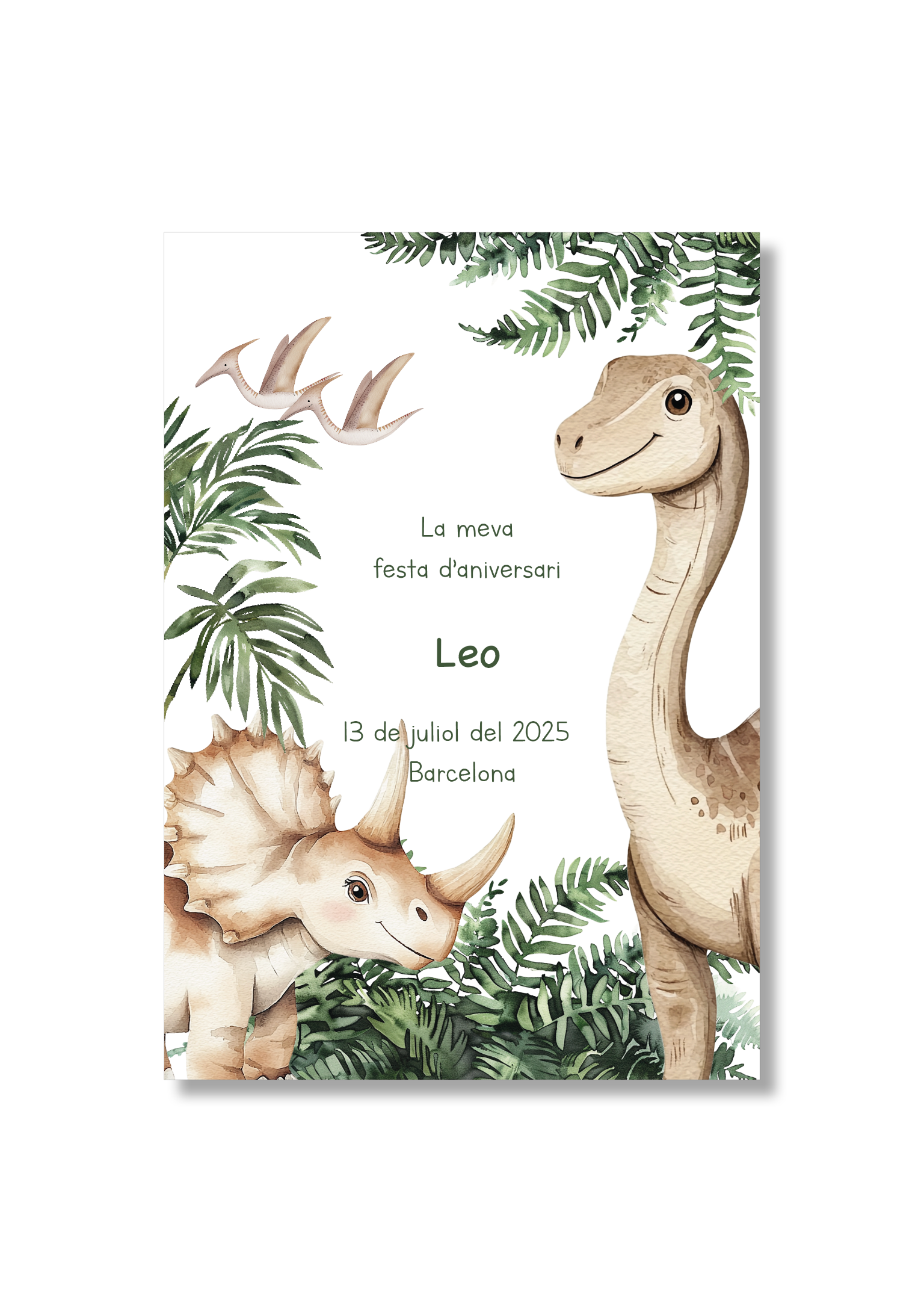 Recordatorio personalizable con motivos de dinosaurios. Tamaño 80x120mm.