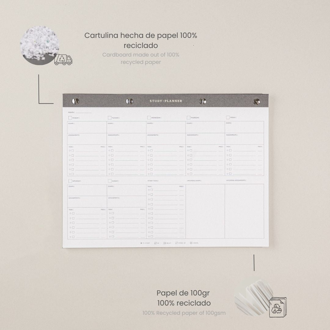 Mi bloc de notas con planificador de estudios para trabajo en tus métodos y organización de estudios. Para una planificación de estudio, con un to do list en un bloc de notas A4.