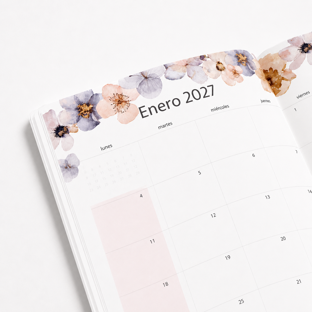 Agenda Mensual 2026-27 Castellano - 16 meses - Pressed Flowers Dark