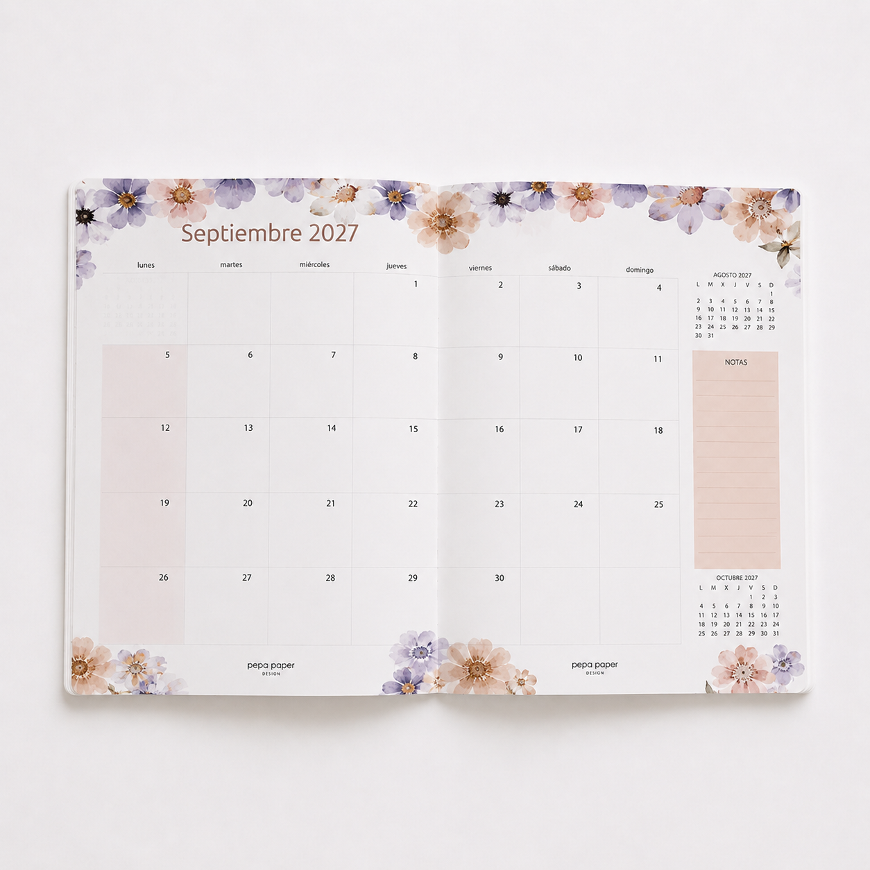 Agenda Mensual 2026-27 Castellano - 16 meses - Pressed Flowers Light