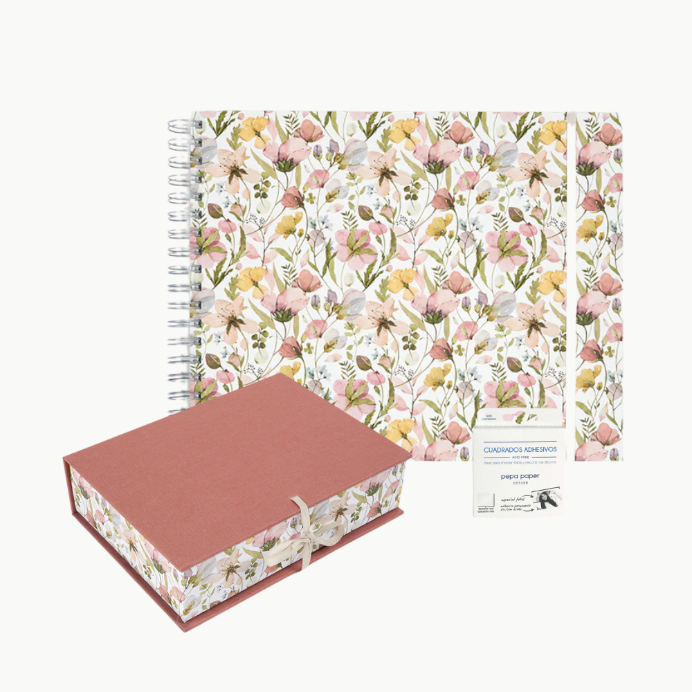 Pack Recuerdos "Spring Flowers" | Álbum Grande + Adhesivos + Caja Desk A5