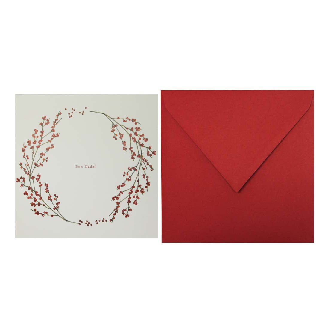 Postal nadalenca Corona boles vermelles bon nadal