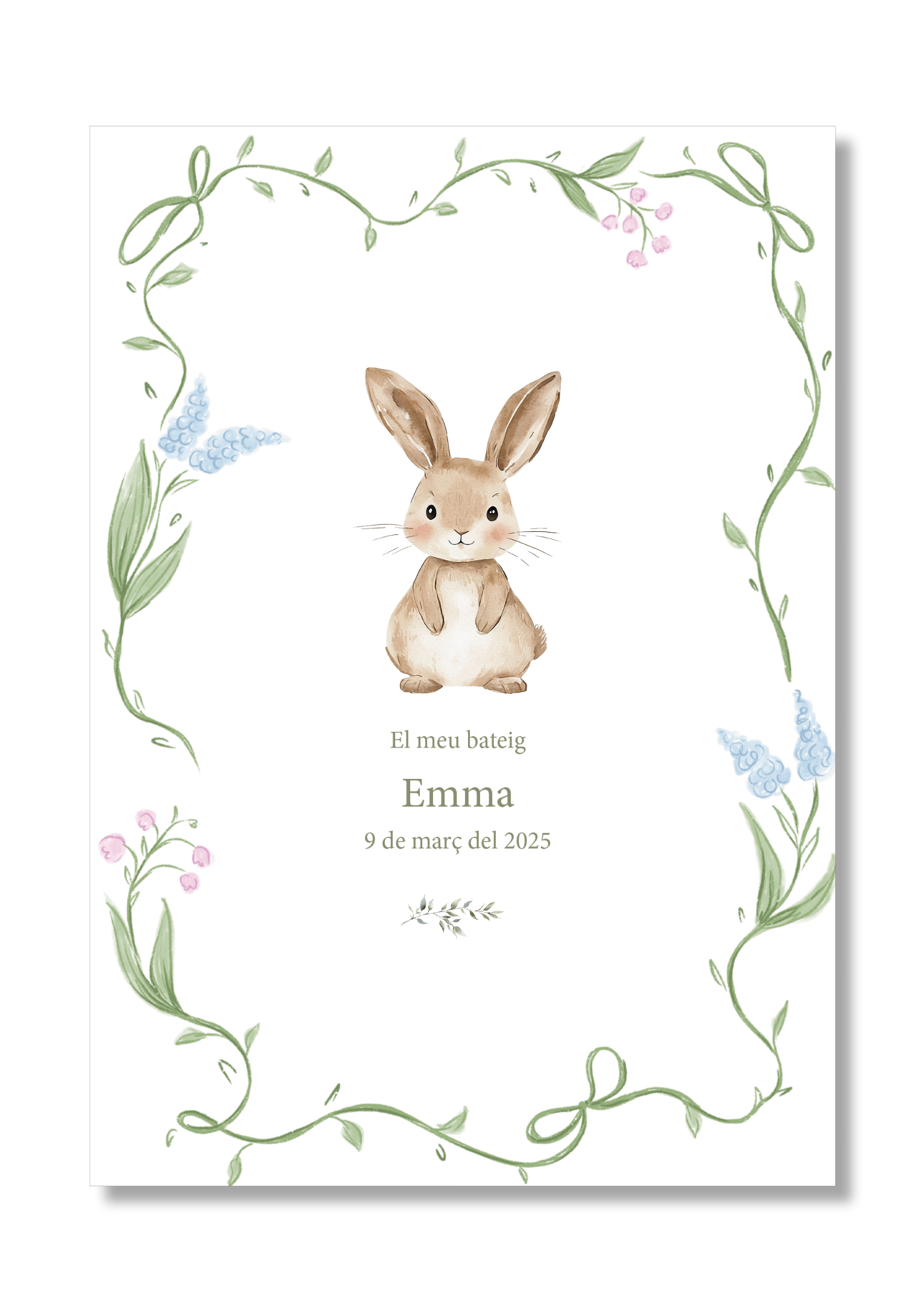 Lámina bautizo personalizable Bienvenida Flores Animales. Tamaño A5.