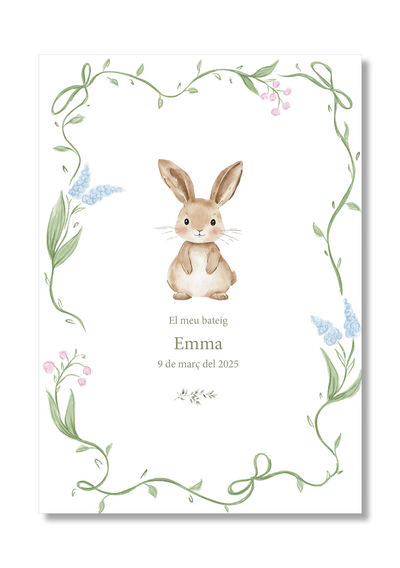 Lámina bautizo personalizable Bienvenida Flores Animales. Tamaño A5.