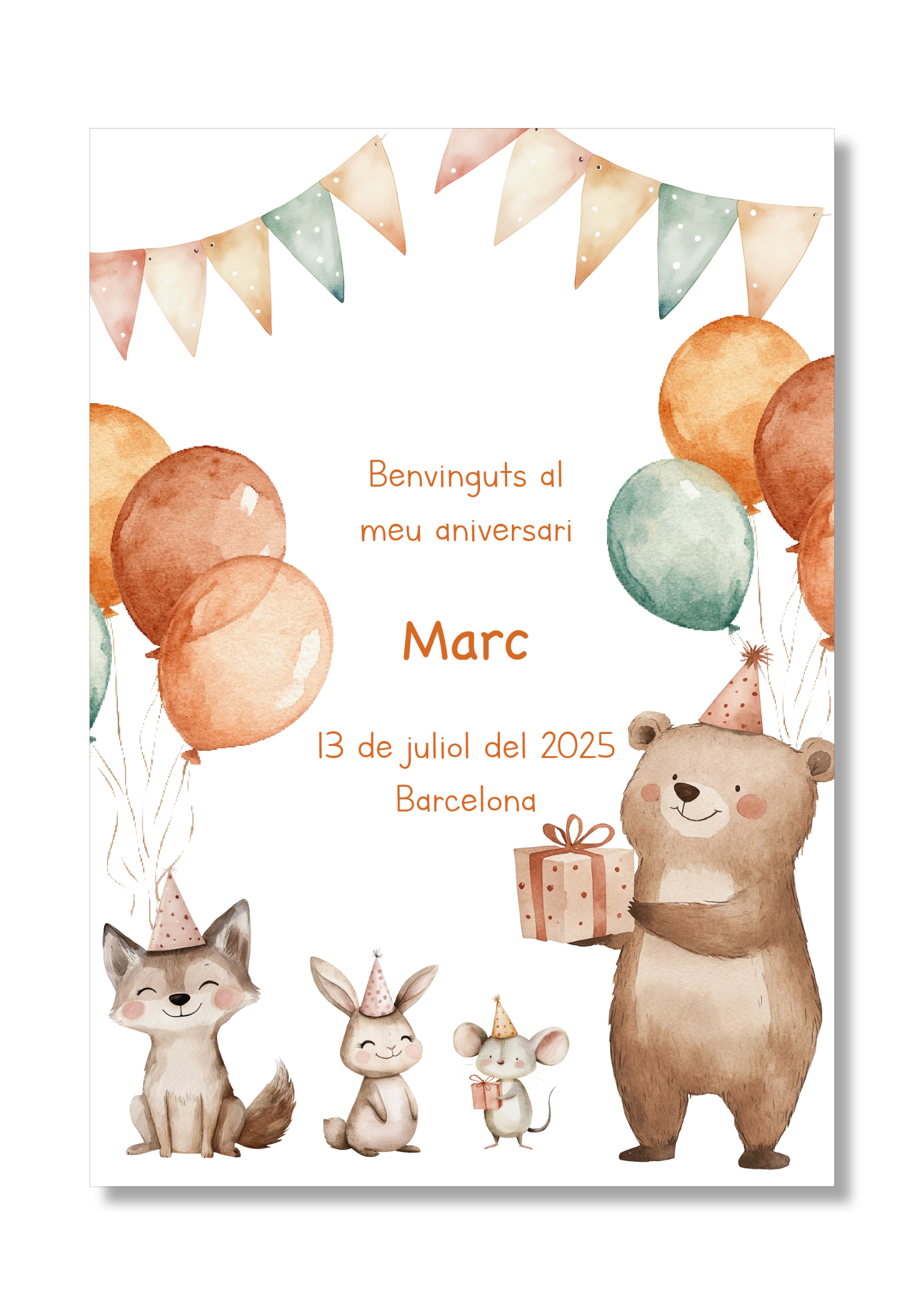 Lámina personalizable Bienvenida Cumpleaños con motivos de animales. Tamaño A5.