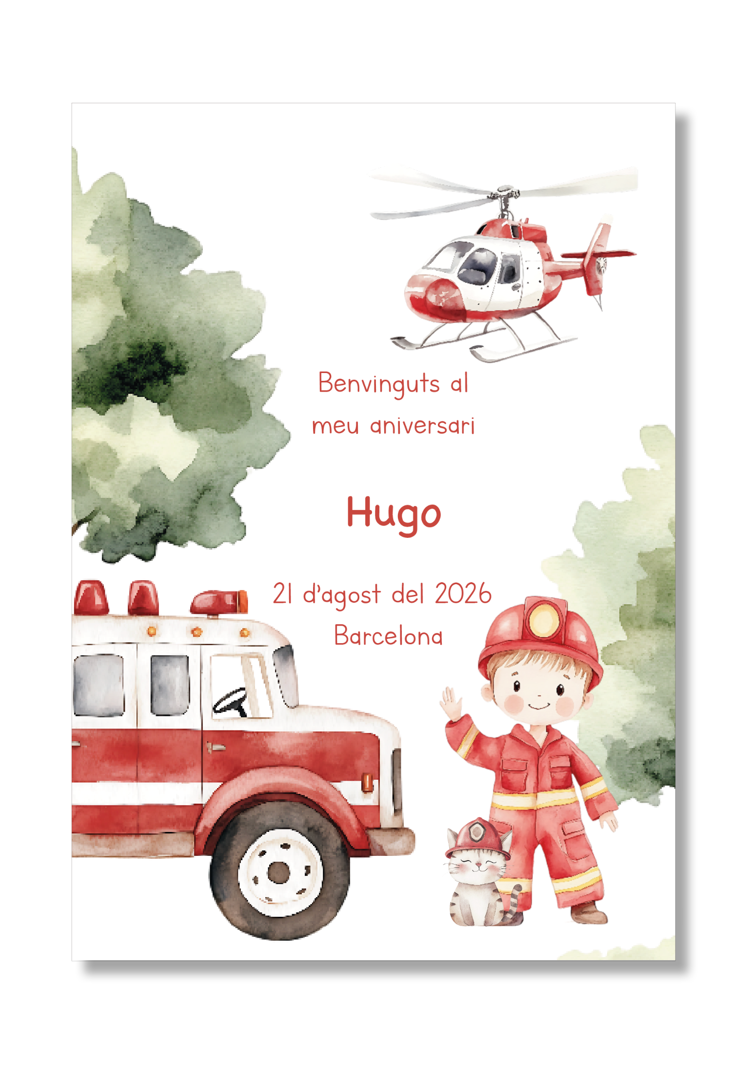 Lámina personalizable Bienvenida Cumpleaños con motivos de bomberos. Tamaño A5.