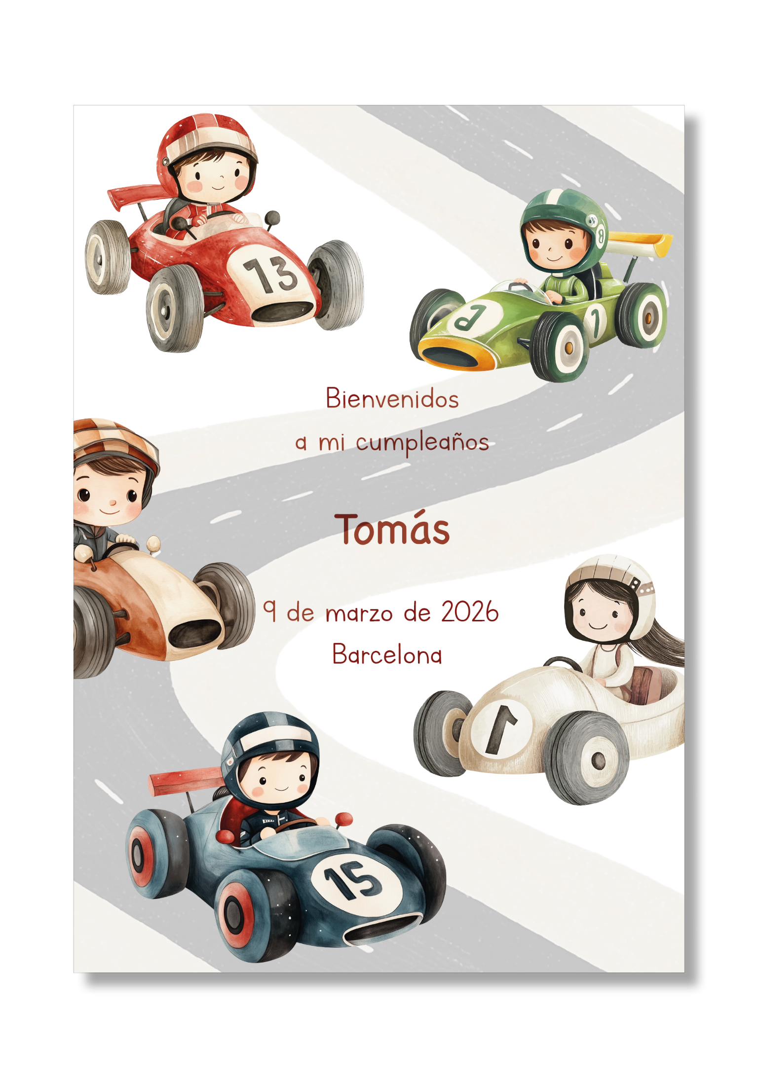 Lámina Bienvenida Cumpleaños  personalizable con motivos de automoviles. Tamaño A5.