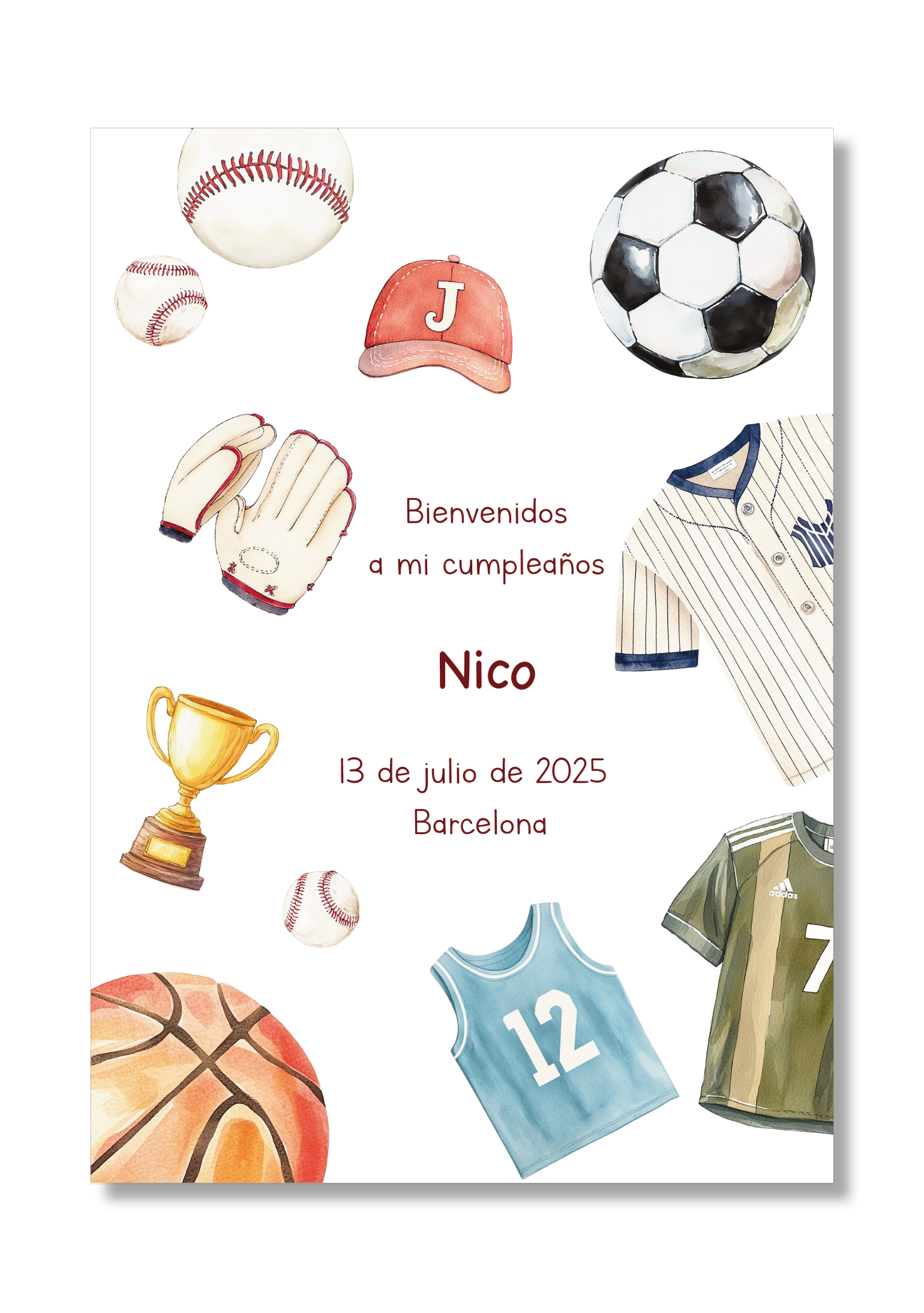 Lámina personalizable Bienvenida Cumpleaños con motivos de deportes. Tamaño A5.