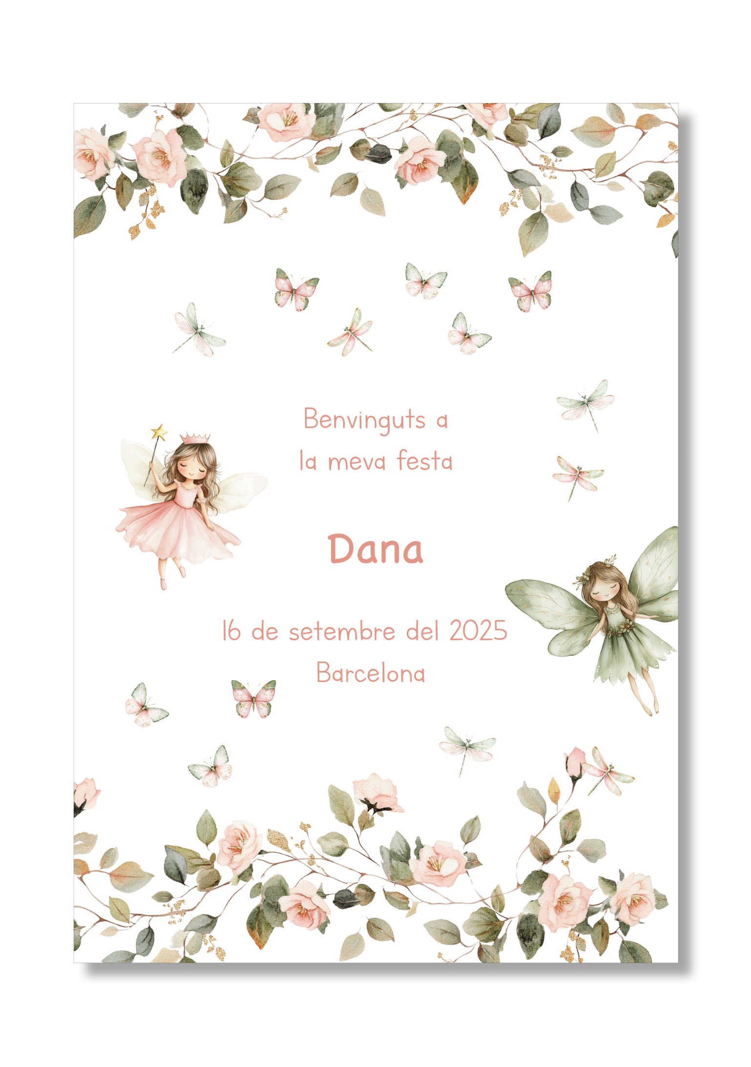 Lámina personalizable Bienvenida Cumpleaños con motivos de hadas. Tamaño A5.