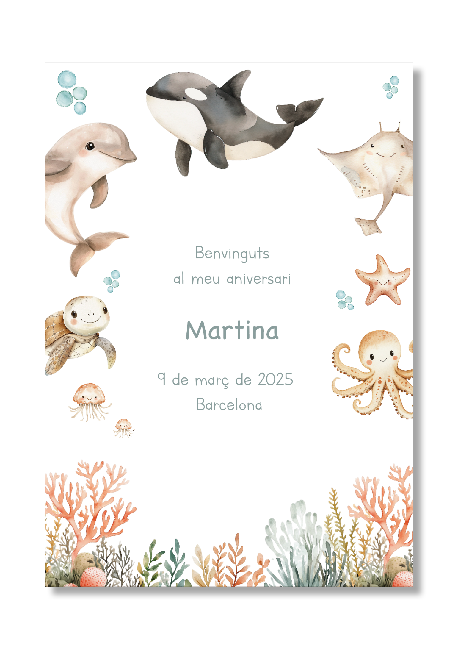 Lámina personalizable Bienvenida Cumpleaños con motivos Oceano. Tamaño A5.