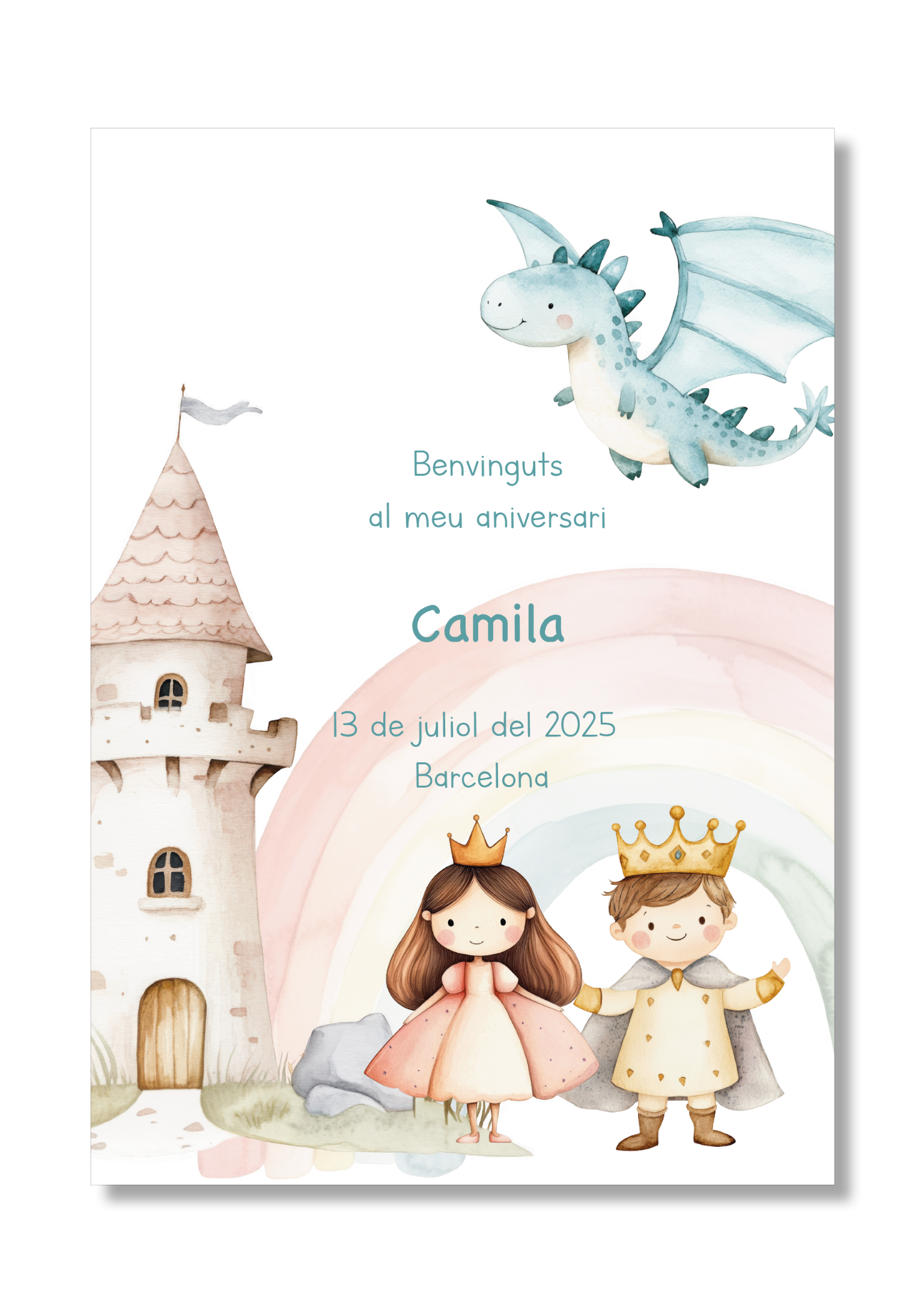 Lámina personalizable Bienvenida Cumpleaños con motivos de princesas y príncipes.. Tamaño A5.