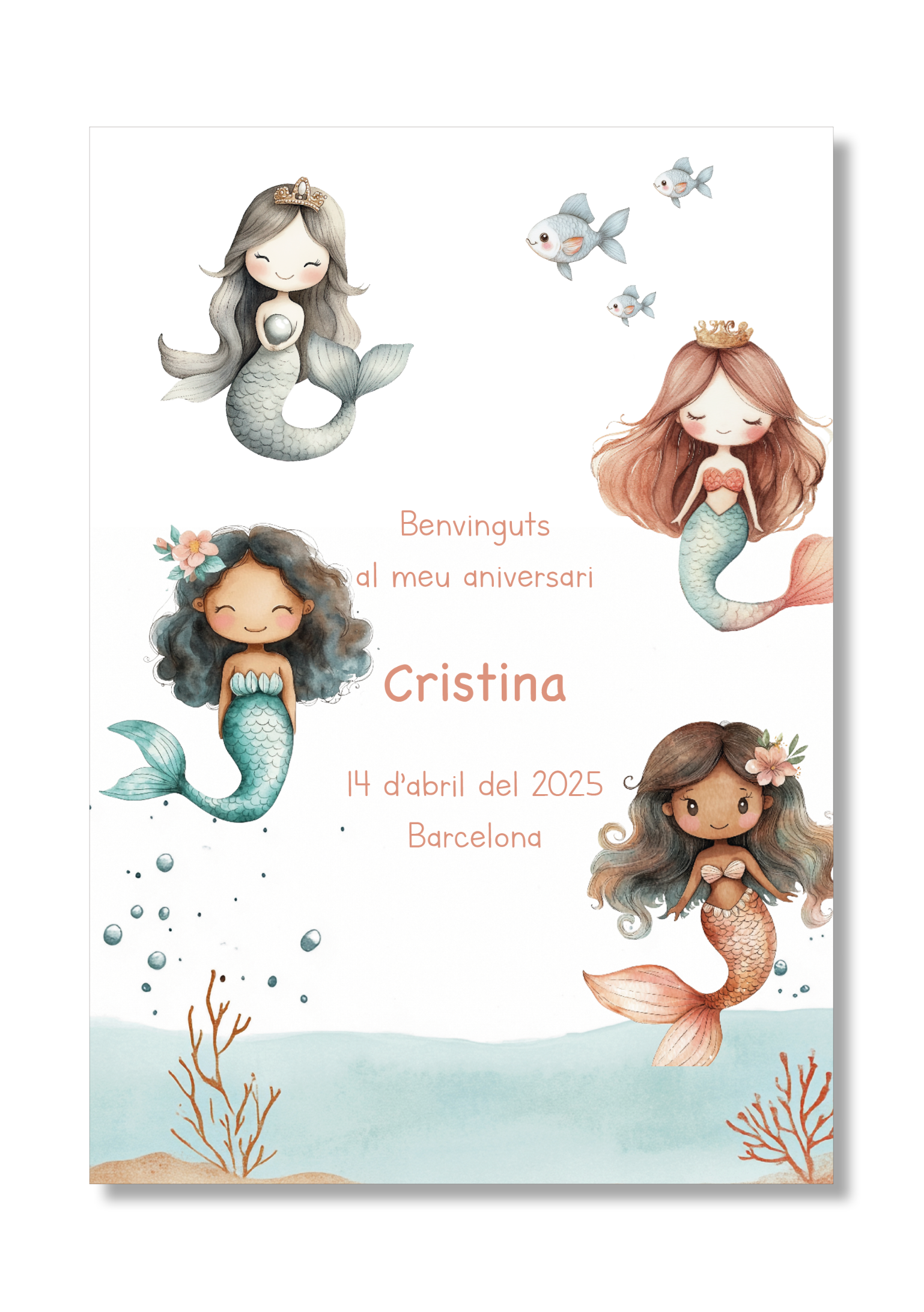 Lámina personalizable Bienvenida Cumpleaños con motivos de sirenas. Tamaño A5.