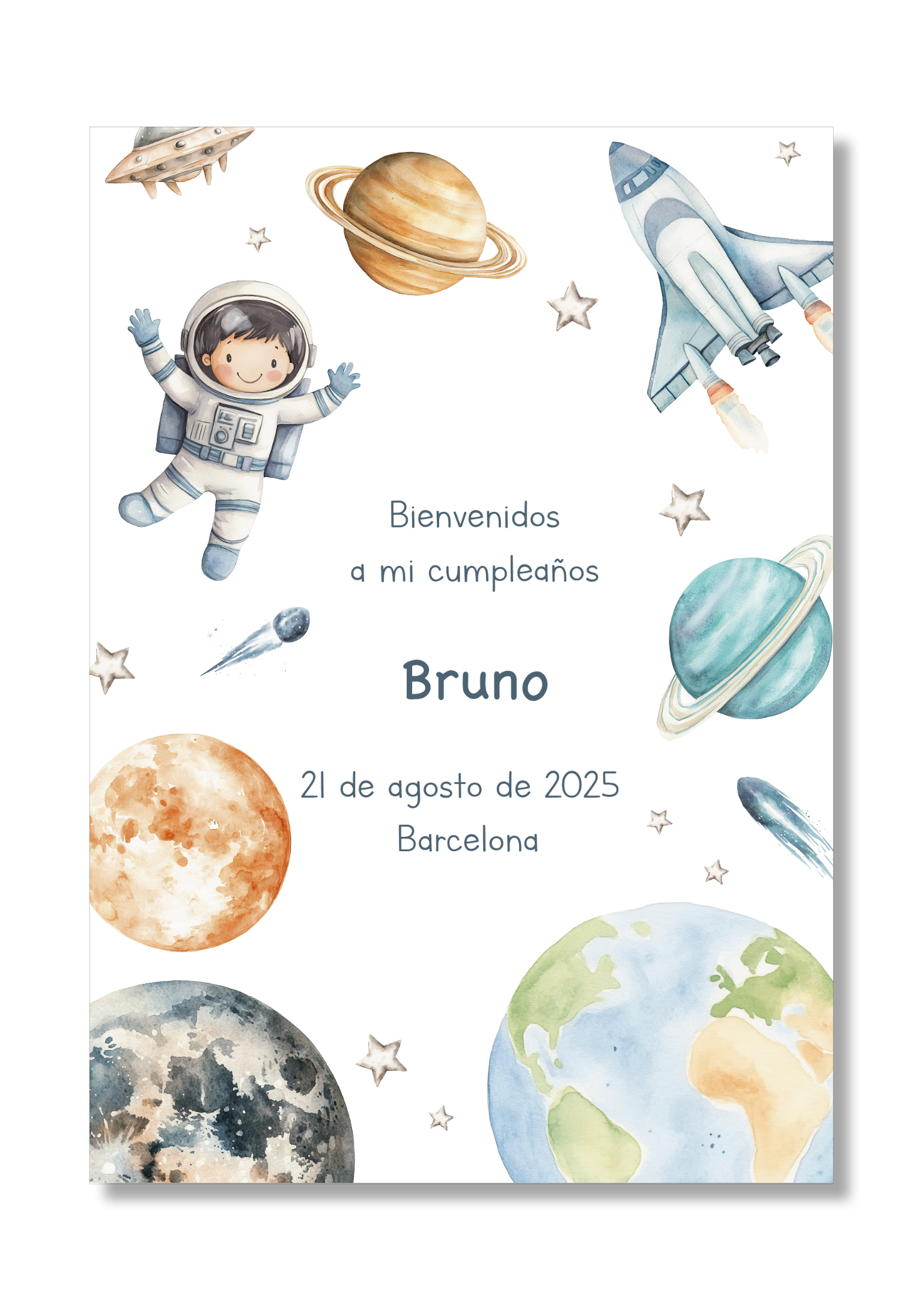 Lámina personalizable  Bienvenida Cumpleaños Universo A5.