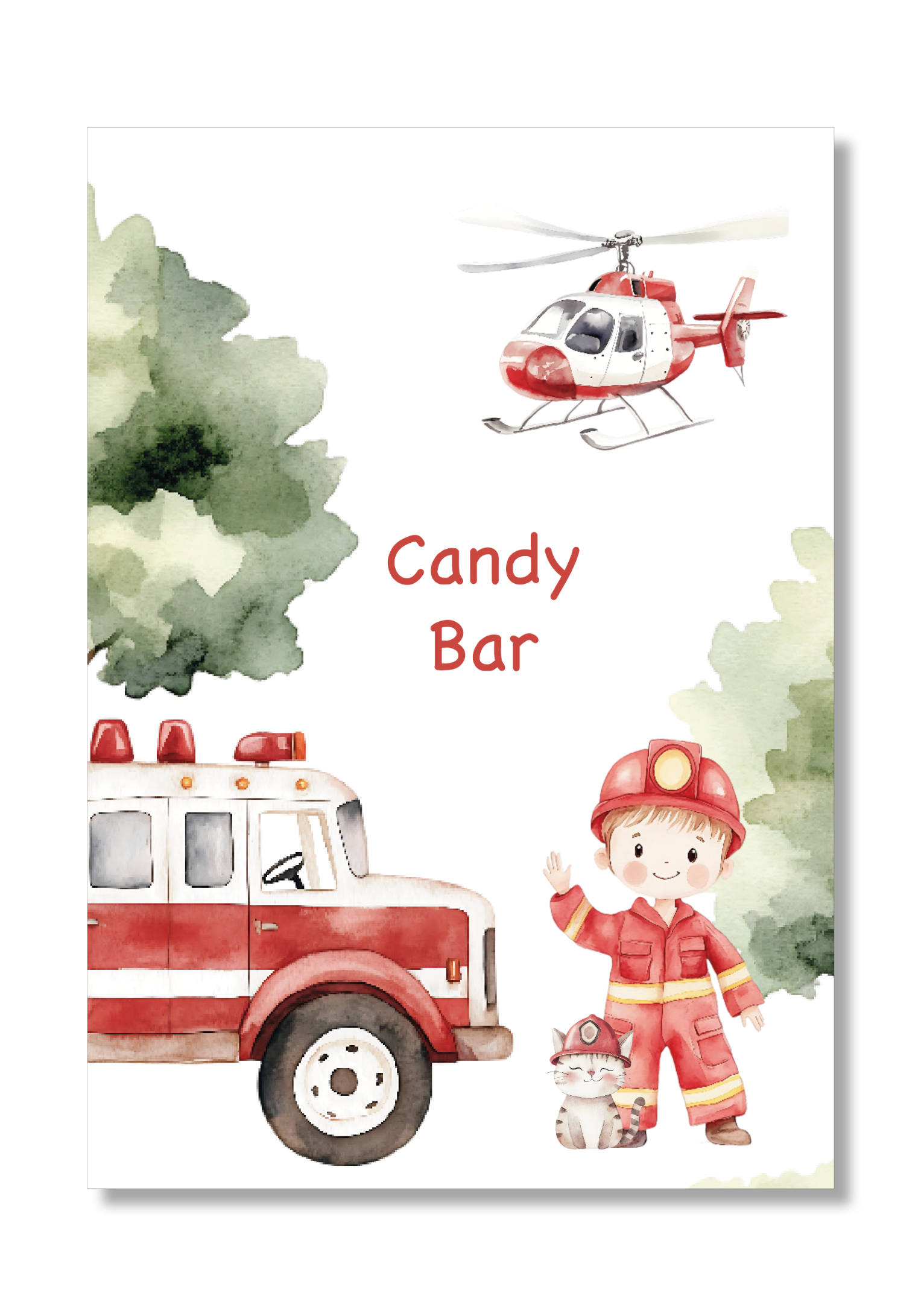 Lámina personalizable Candy Bar con motivos de bomberos. Tamaño A5.