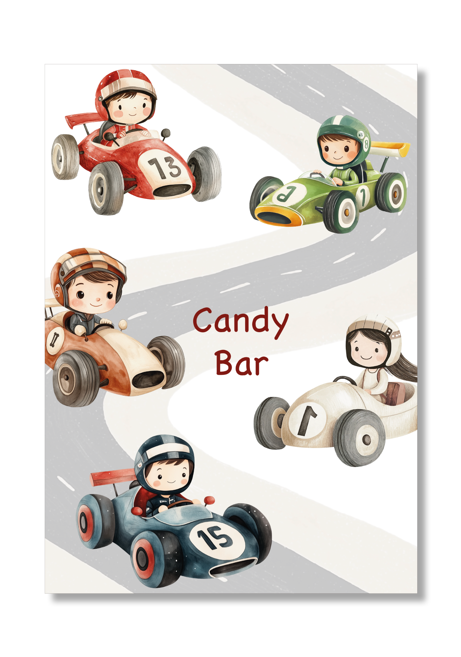 Lámina personalizable Candy Bar con motivos de automoviles. Tamaño A5.