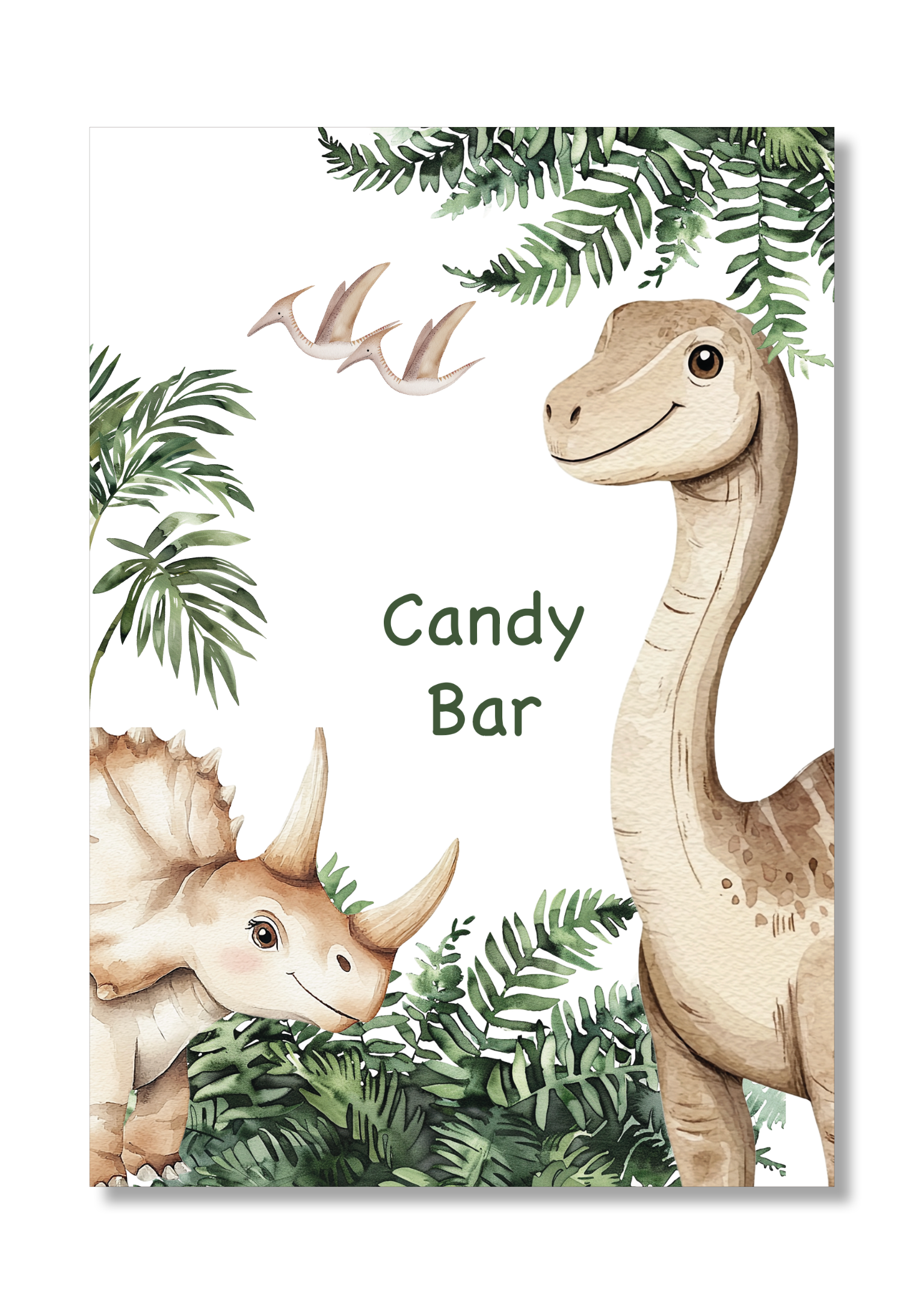 Lámina personalizable Candy Bar con motivos de dinosaurios. Tamaño A5.