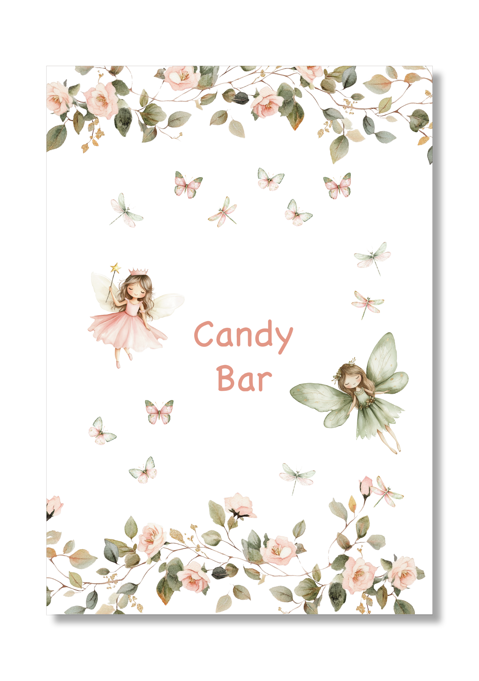 Lámina Cndy Bar personalizable con motivos de hadas. Tamaño A5.