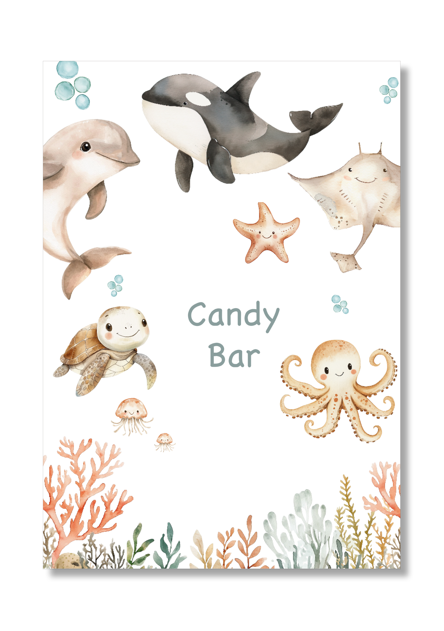 Lámina personalizable Candy Bar con motivos del  Oceano. Tamaño A5.