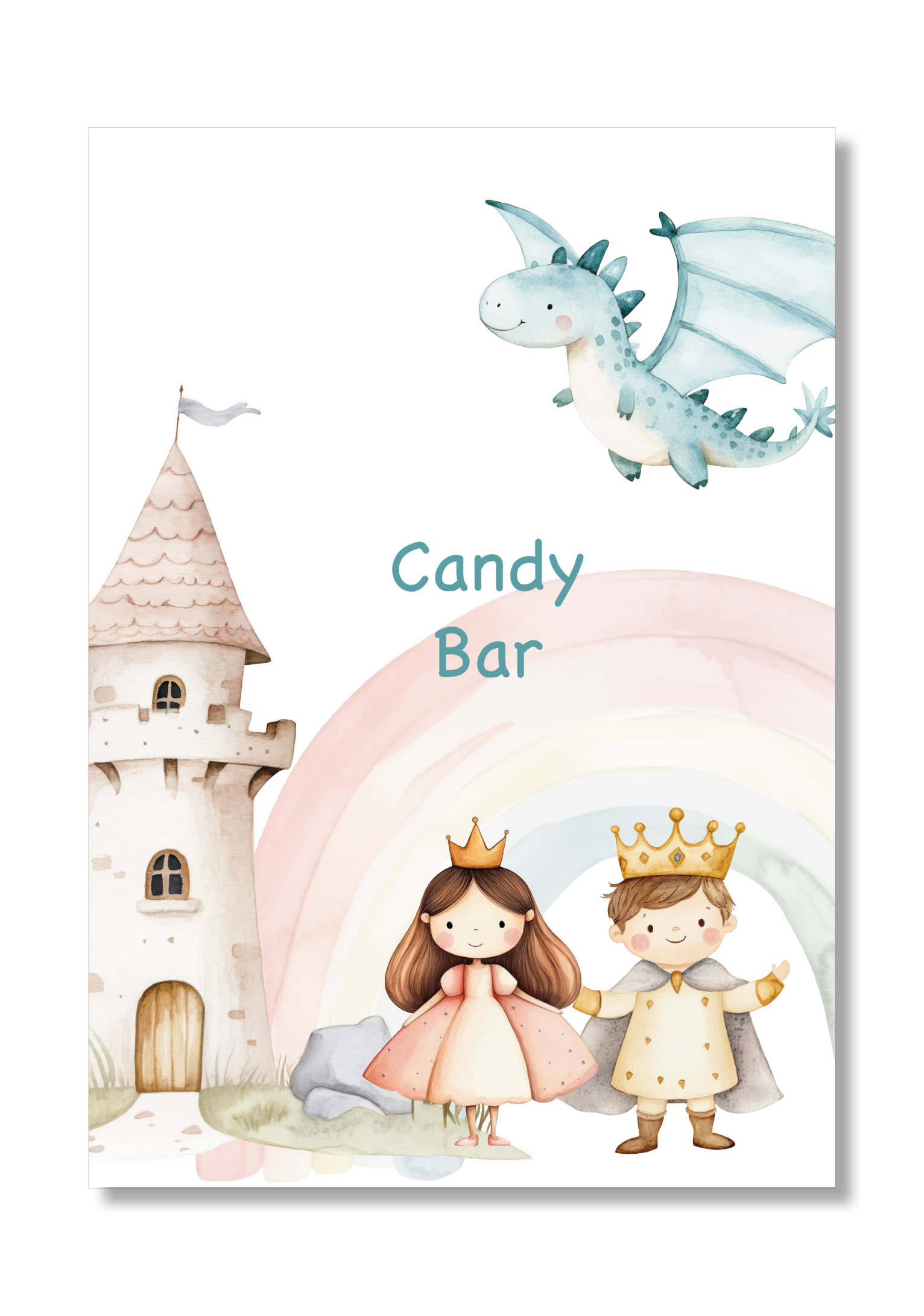 Lámina personalizable Candy Bar con motivos de princesas y príncipes.. Tamaño A5.