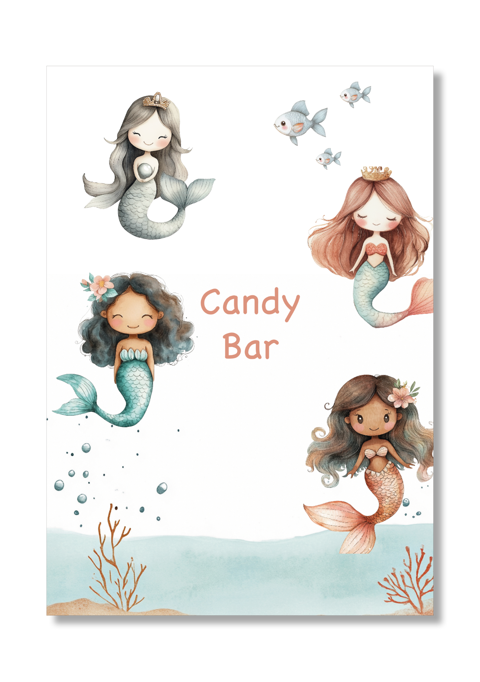 Lámina Candy Bar personalizable con motivos de sirenas. Tamaño A5.