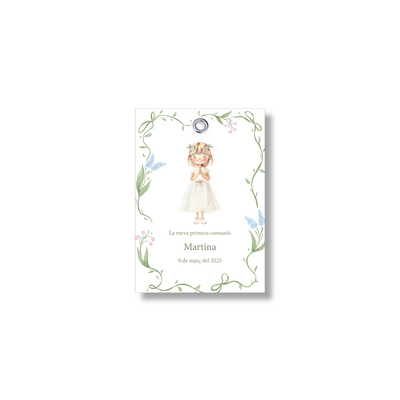 Personalizable communion tag Flowers. Size 55x80mm.