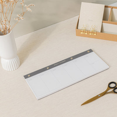 Planificador de bloc semanal, para planear tu semana en una libreta panorámica o formato panorámico con diseño elegante y materiales sostenibles.