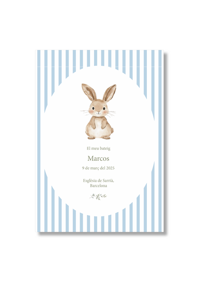 Recordatorio  bautizo personalizable Rayas Animales. Tamaño 80 x 120 mm.
