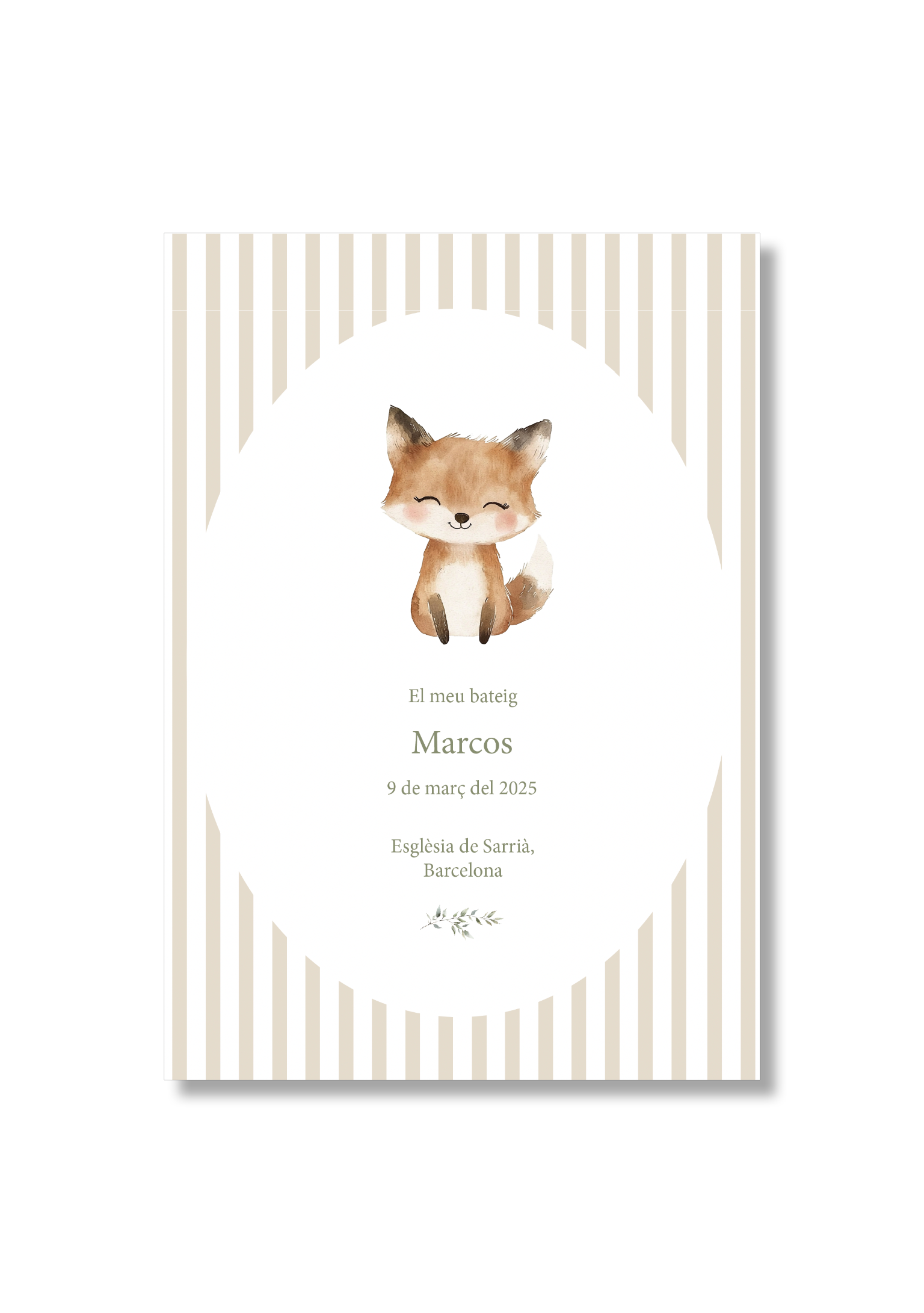 Recordatorio  bautizo personalizable Rayas Animales. Tamaño 80 x 120 mm.