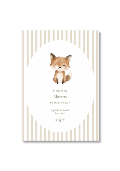 Recordatorio  bautizo personalizable Rayas Animales. Tamaño 80 x 120 mm.