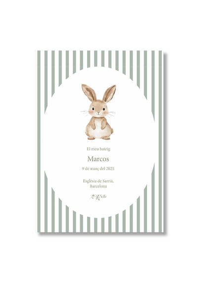 Recordatorio  bautizo personalizable Rayas Animales. Tamaño 80 x 120 mm.