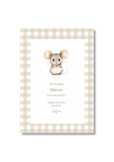 Recordatorio bautizo personalizable Vichy Animales. Tamaño 80 x 120 mm.