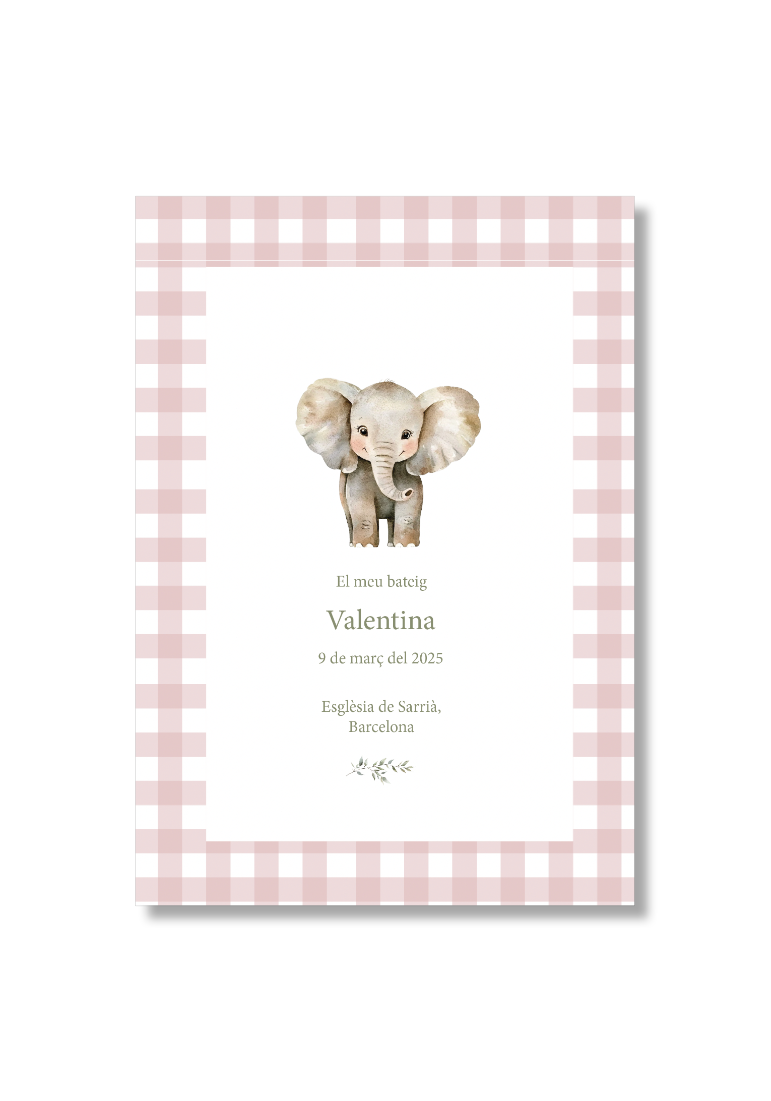 Recordatorio bautizo personalizable Vichy Animales. Tamaño 80 x 120 mm.