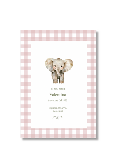 Recordatorio bautizo personalizable Vichy Animales. Tamaño 80 x 120 mm.