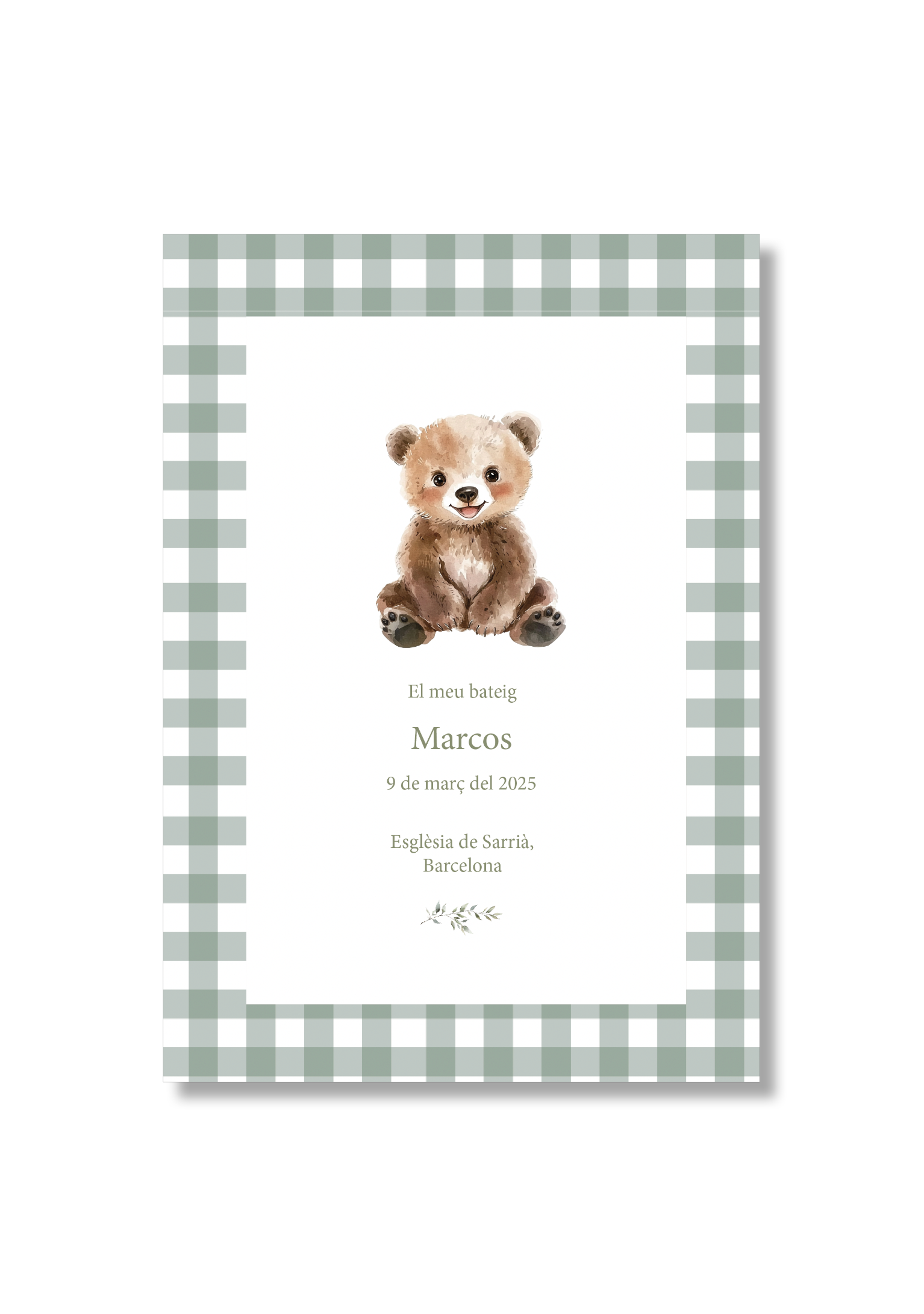 Recordatorio bautizo personalizable Vichy Animales. Tamaño 80 x 120 mm.