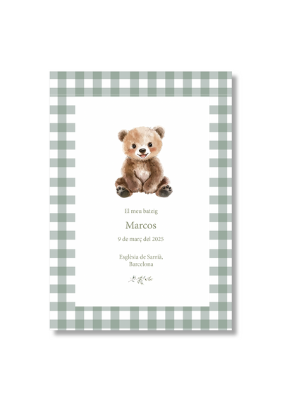 Recordatorio bautizo personalizable Vichy Animales. Tamaño 80 x 120 mm.