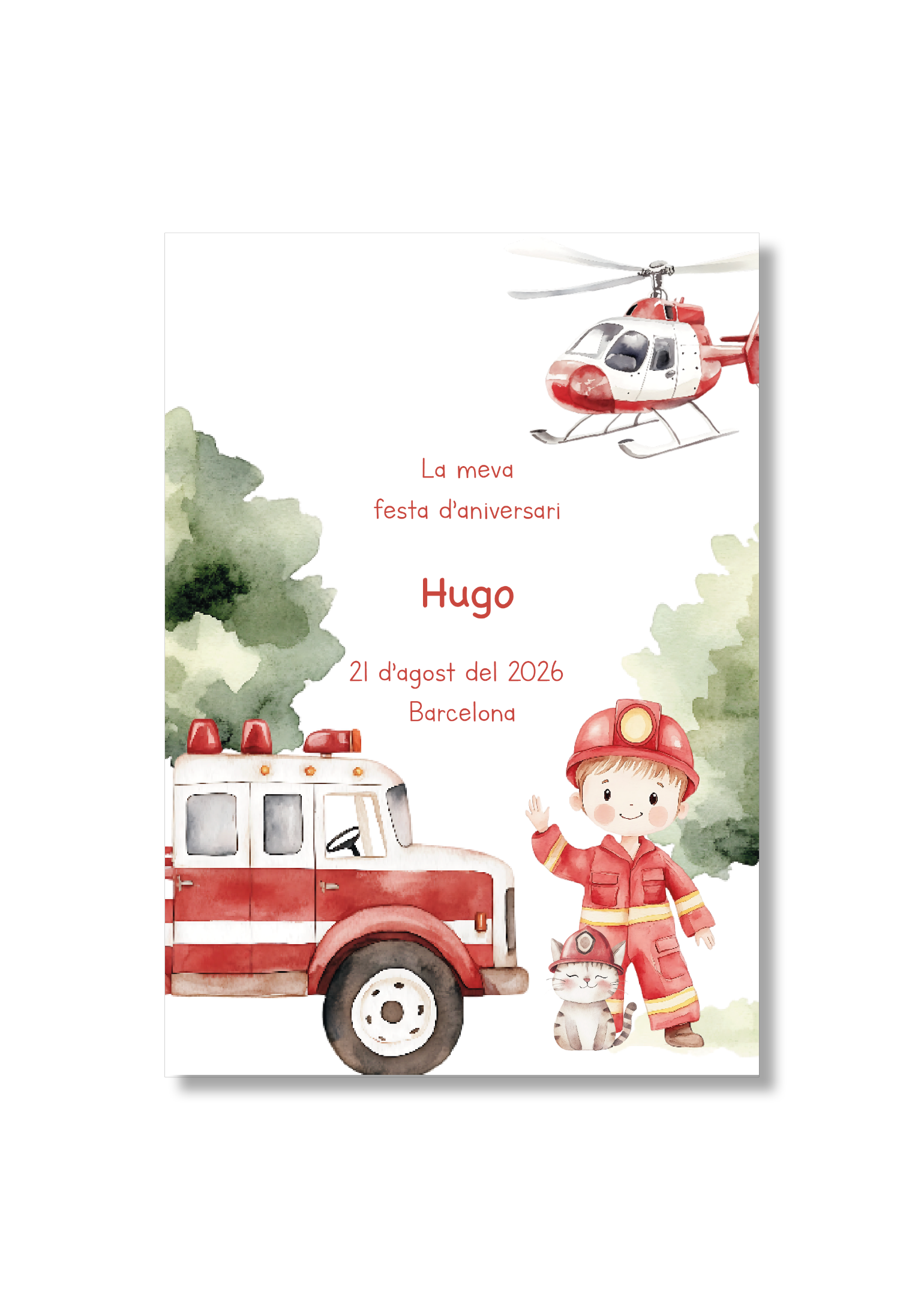 Recordatorio personalizable con de bomberos. Tamaño 80x120mm.