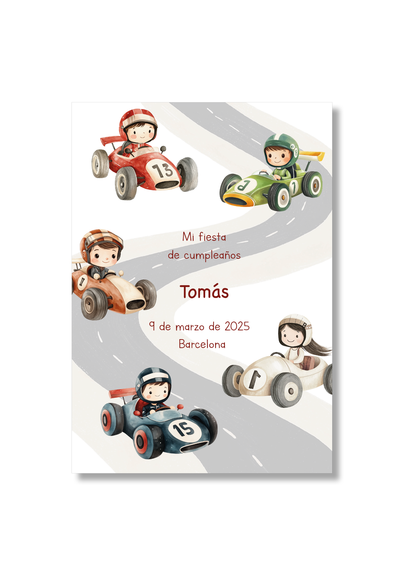 Recordatorio personalizable con motivos de automoviles. Tamaño 80x120mm.