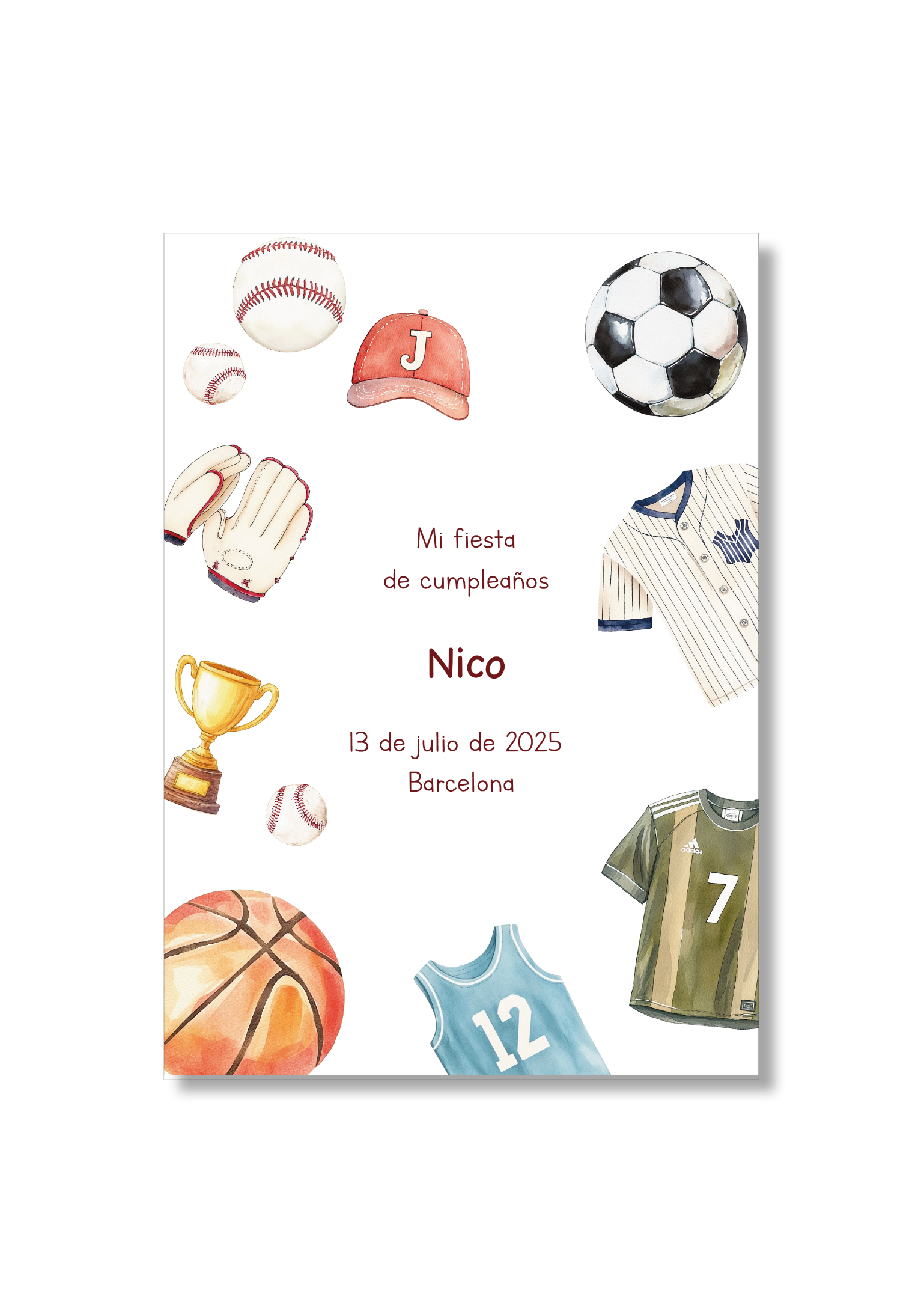 Recordatorio personalizable con motivos de deportes. Tamaño 80x120mm.
