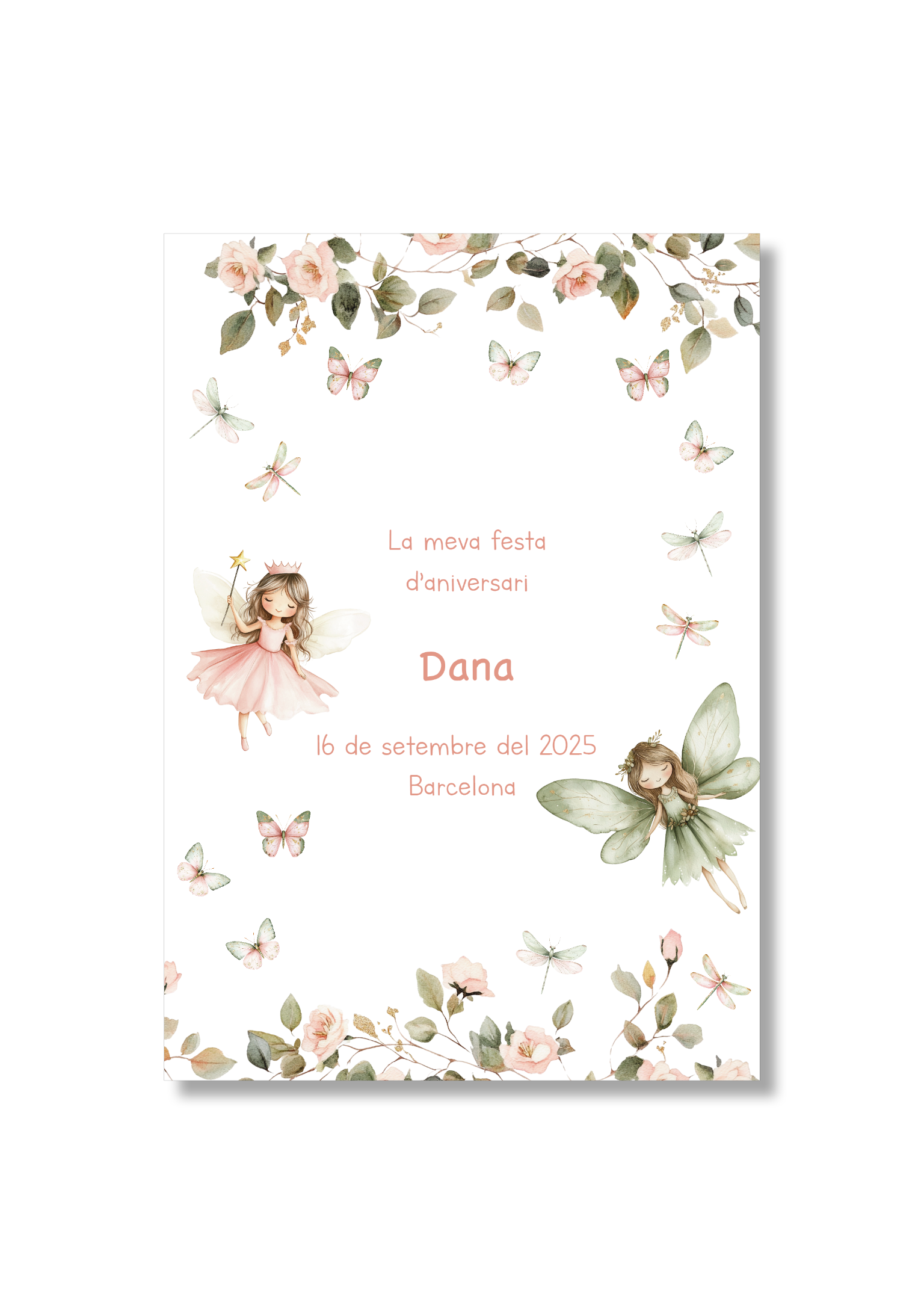 Recordatorio personalizable con motivos de hadas. Tamaño 80x120mm.