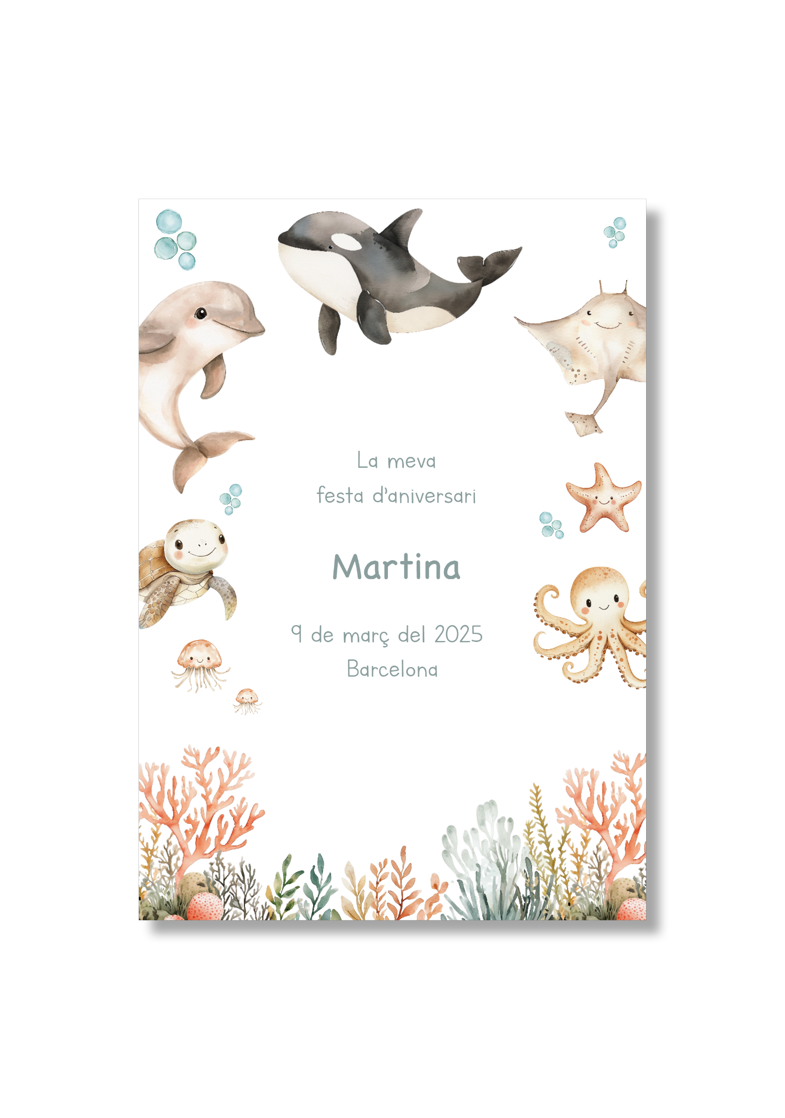 Recordatorio personalizable con motivos Oceano. Tamaño 80x120mm.