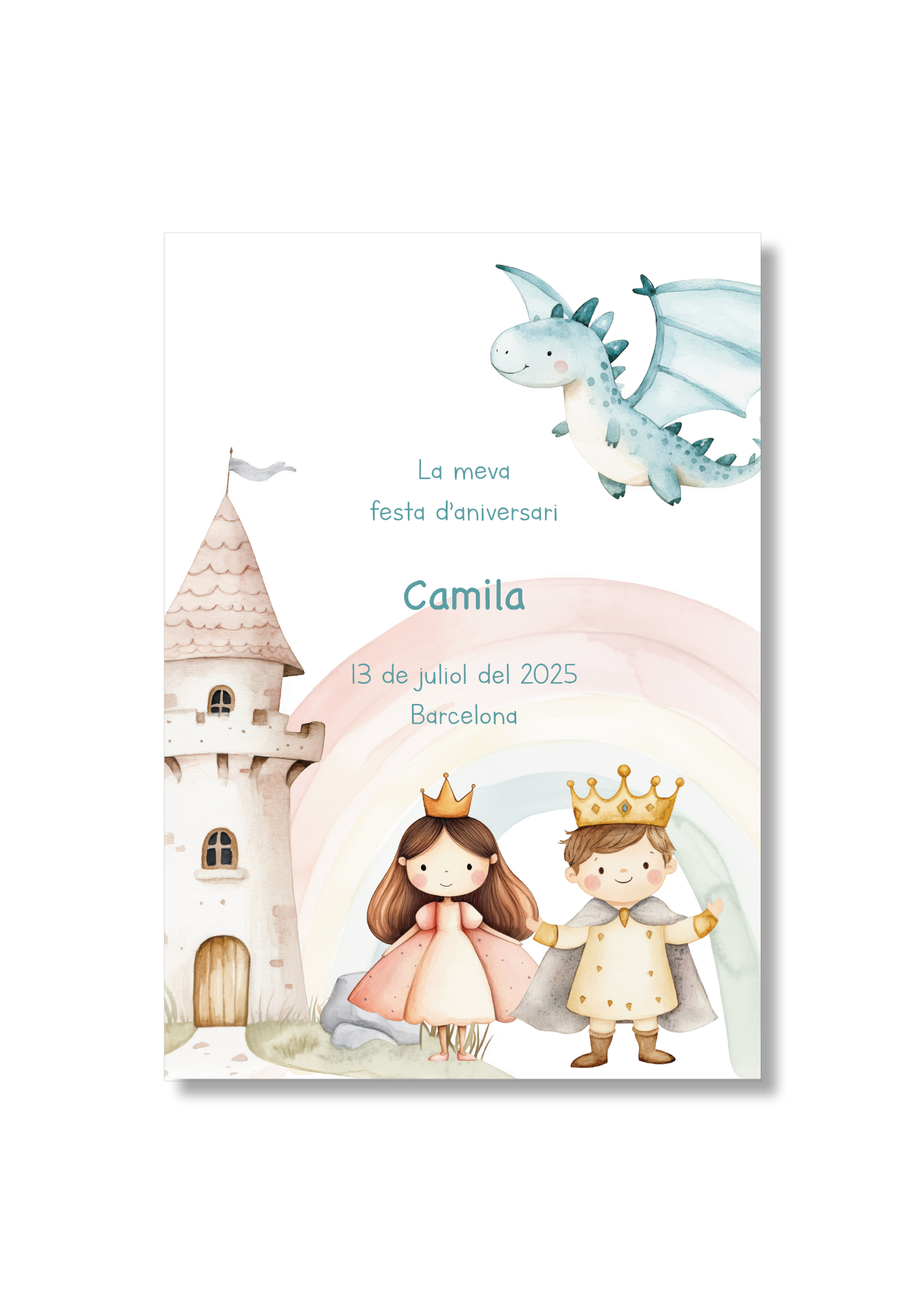 Recordatorio personalizable con motivos de princesas y príncipes.. Tamaño 80x120mm.