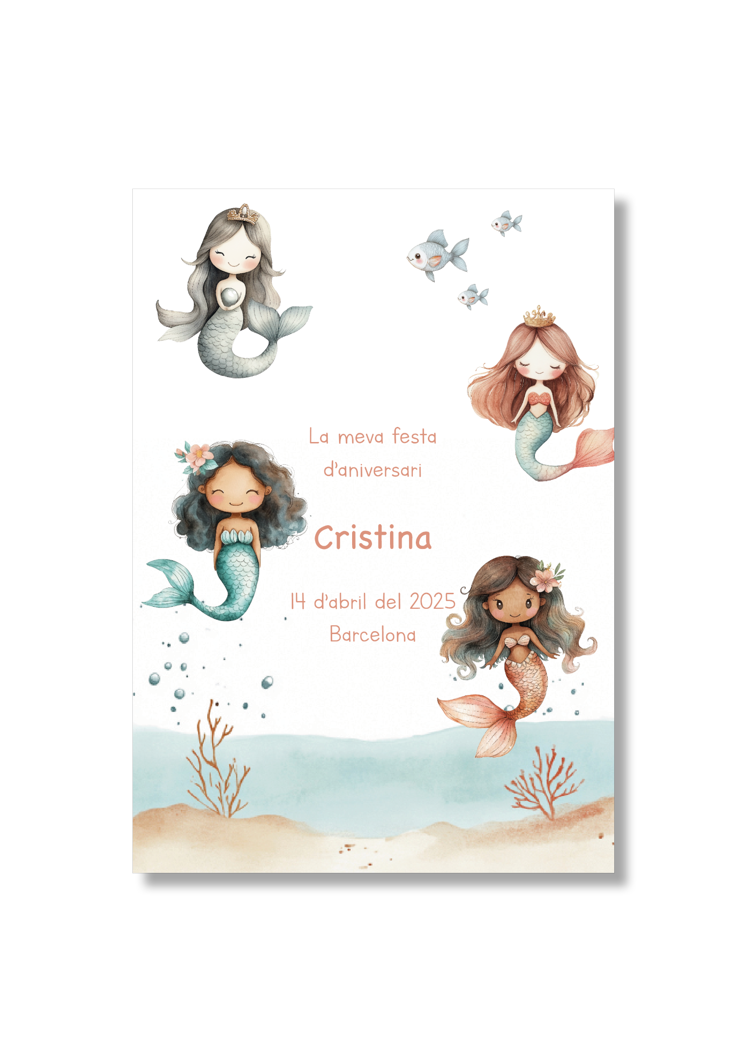 Recordatorio personalizable con motivos de sirenas. Tamaño 80x120mm.