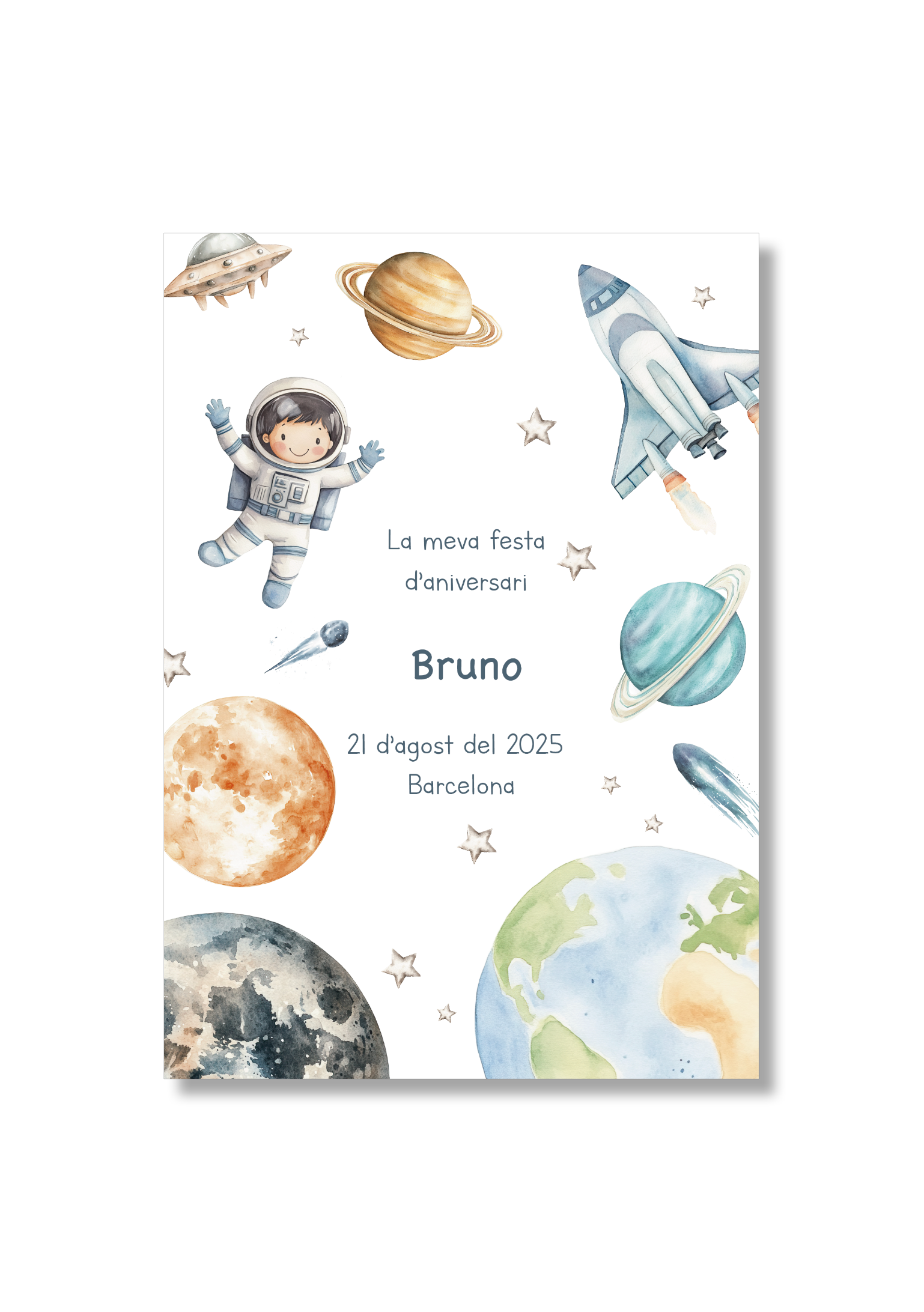 Recordatorio personalizable con motivos del Universo. Tamaño 80x115mm.