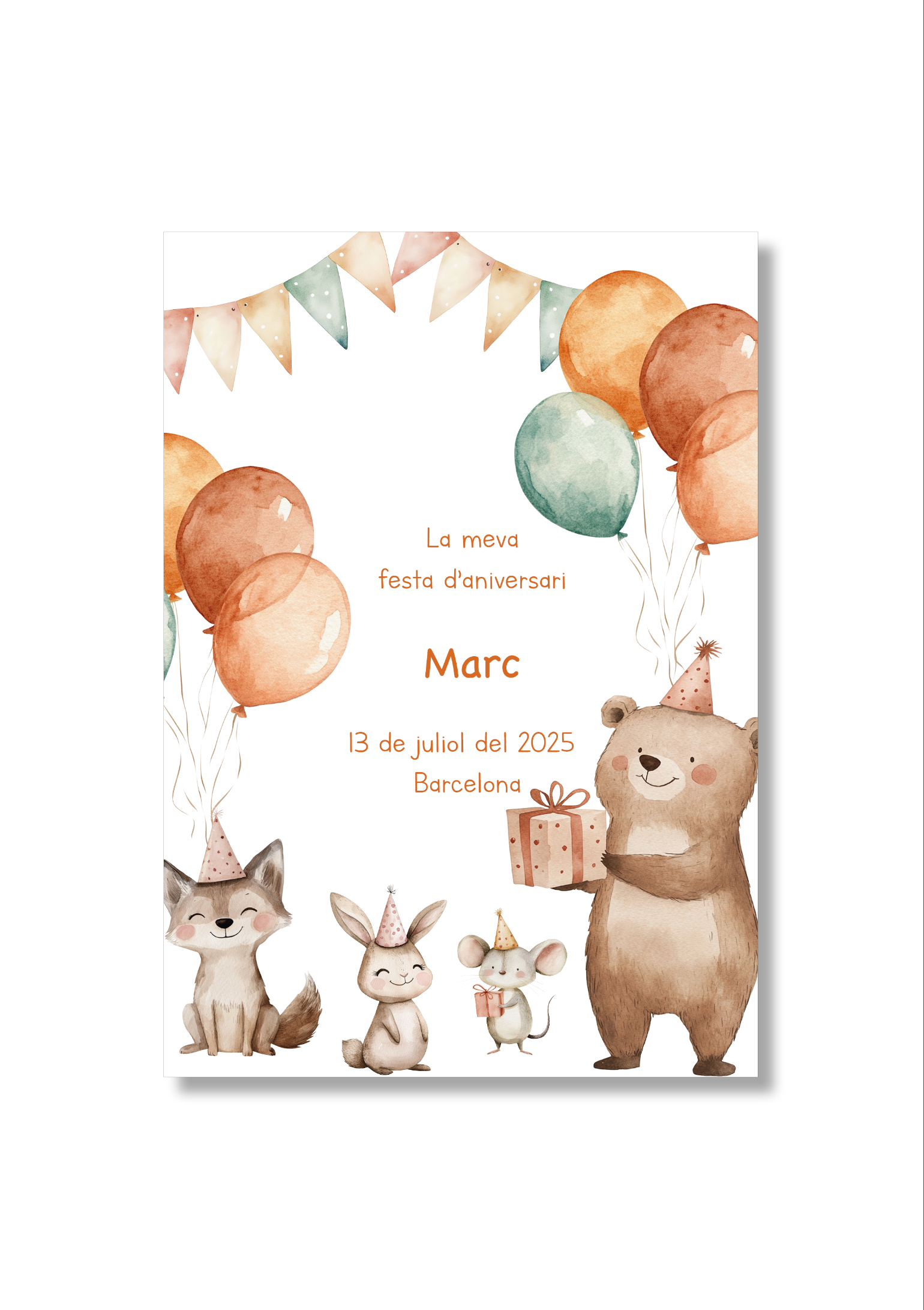 Recordatorio personalizable con motivos de animales. Tamaño 80x120mm.