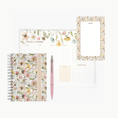 Pack "Spring Flowers" I Libreta + Planificador + Bloc Notas + Bolígrafo + Portabolígrafos