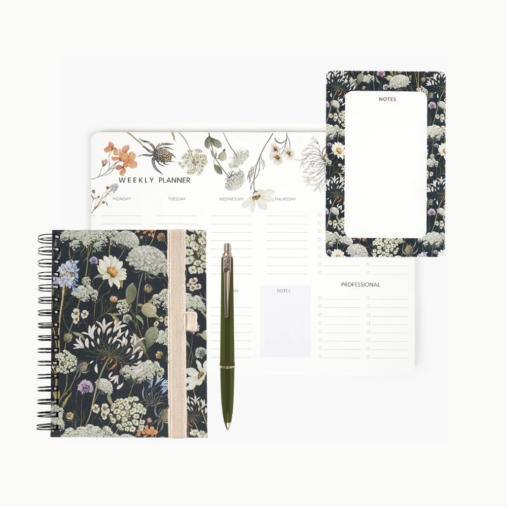 Pack Organización I Libreta + Planificador Semanal + Bloc Notas + Bolígrafo + Portabolígrafos (Wild Flowers)