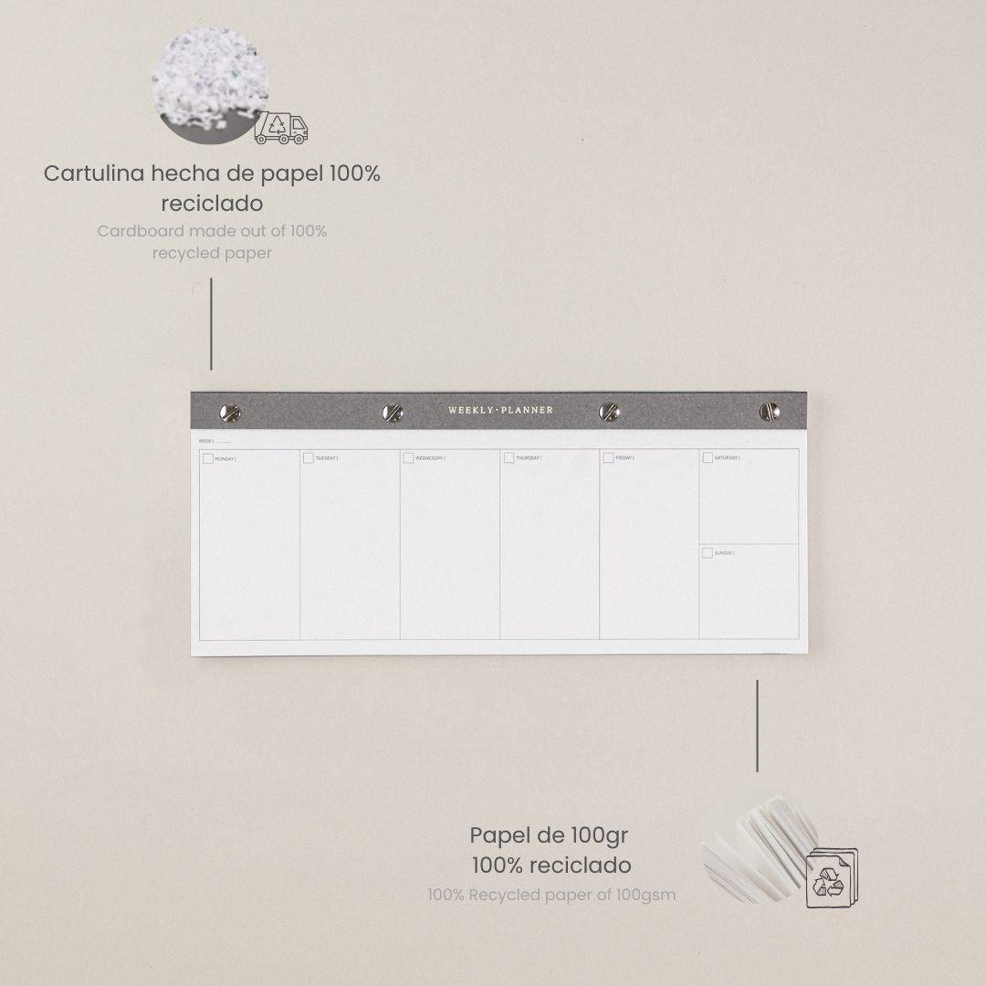 Planificador de bloc semanal, para planear tu semana en una libreta panorámica o formato panorámico con diseño elegante y materiales sostenibles.