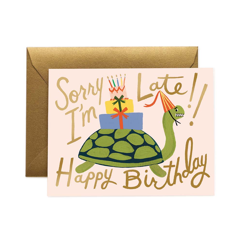Tarjeta postal felicitación cumpleaños Turtle Belated - Rifle Paper